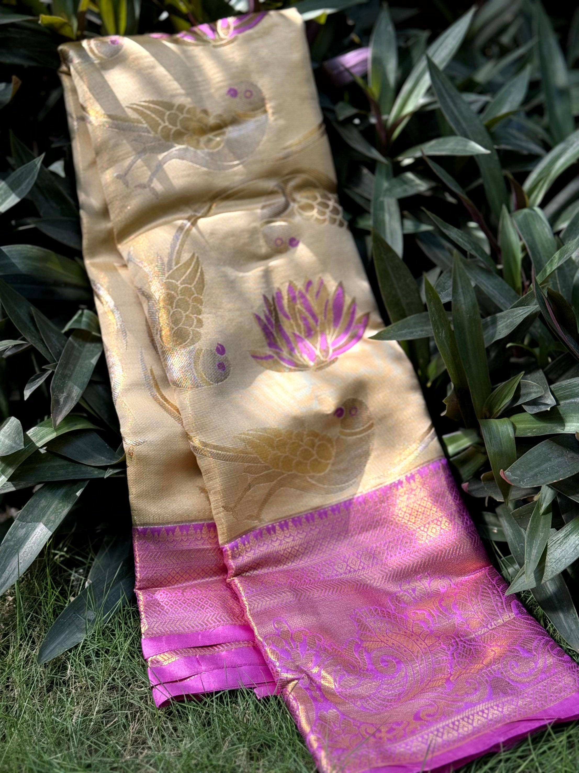 Beige Dharmavaram Gold Birds Print Saree