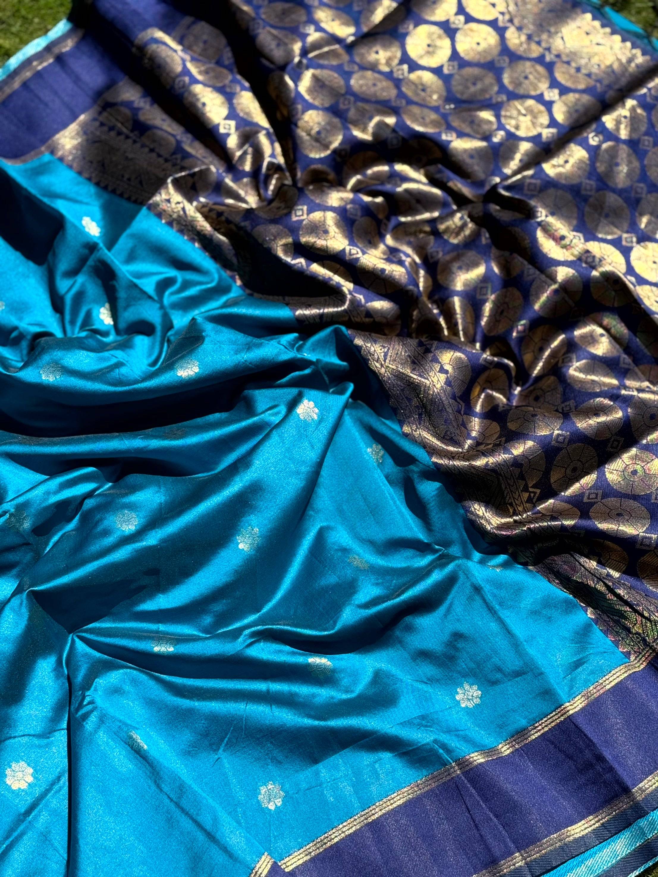 Teal Blue Silk Blend Floral Saree