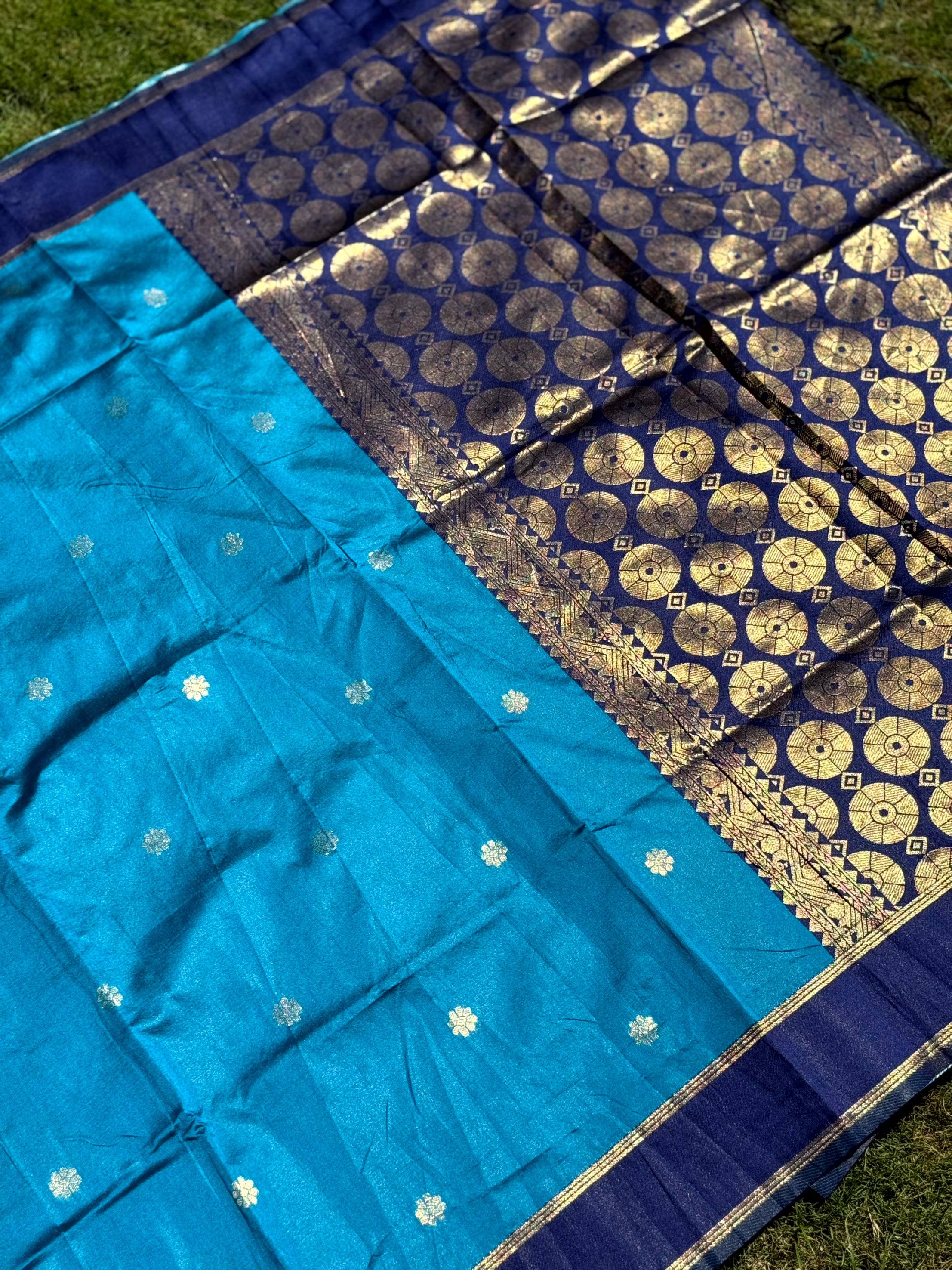 Teal Blue Silk Blend Floral Saree
