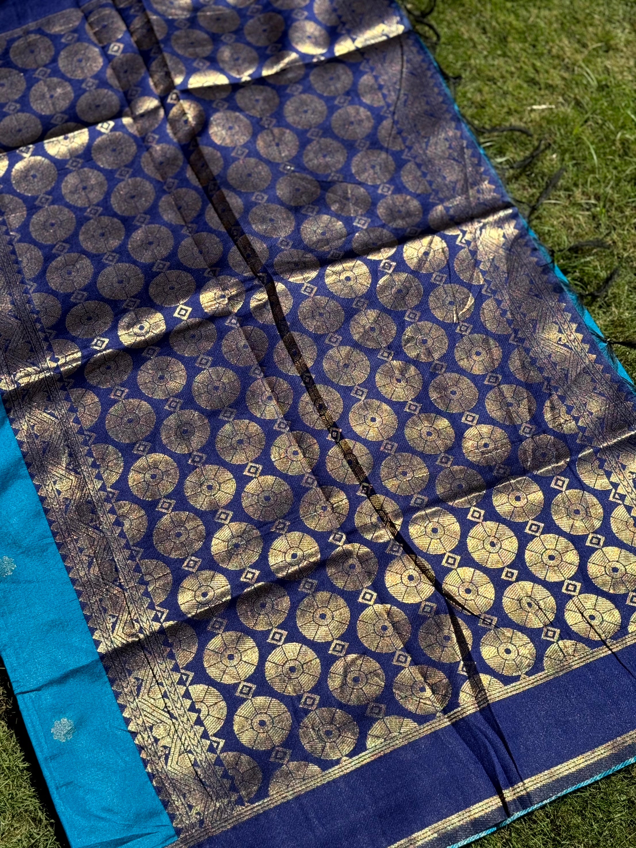 Teal Blue Silk Blend Floral Saree
