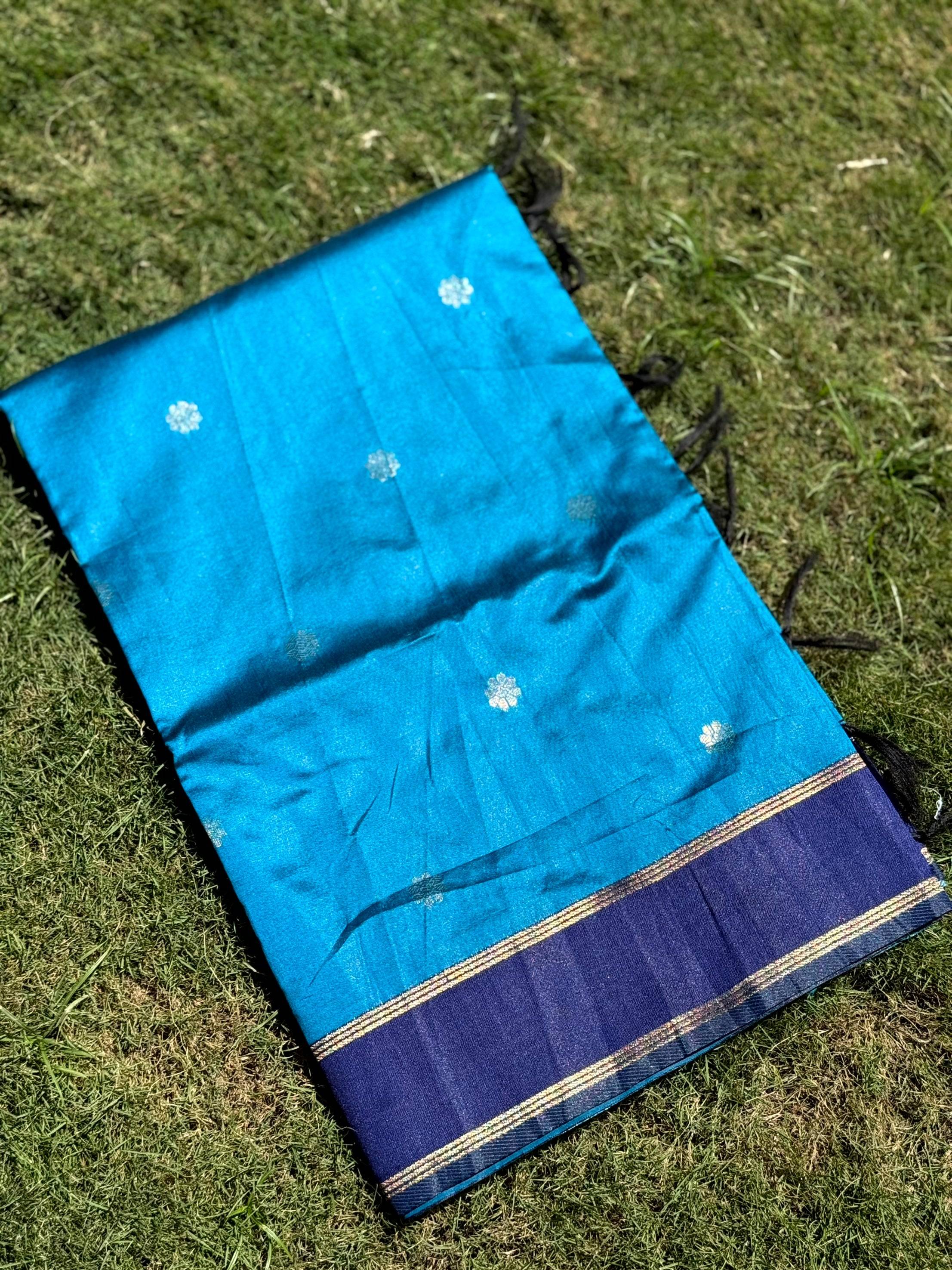 Teal Blue Silk Blend Floral Saree