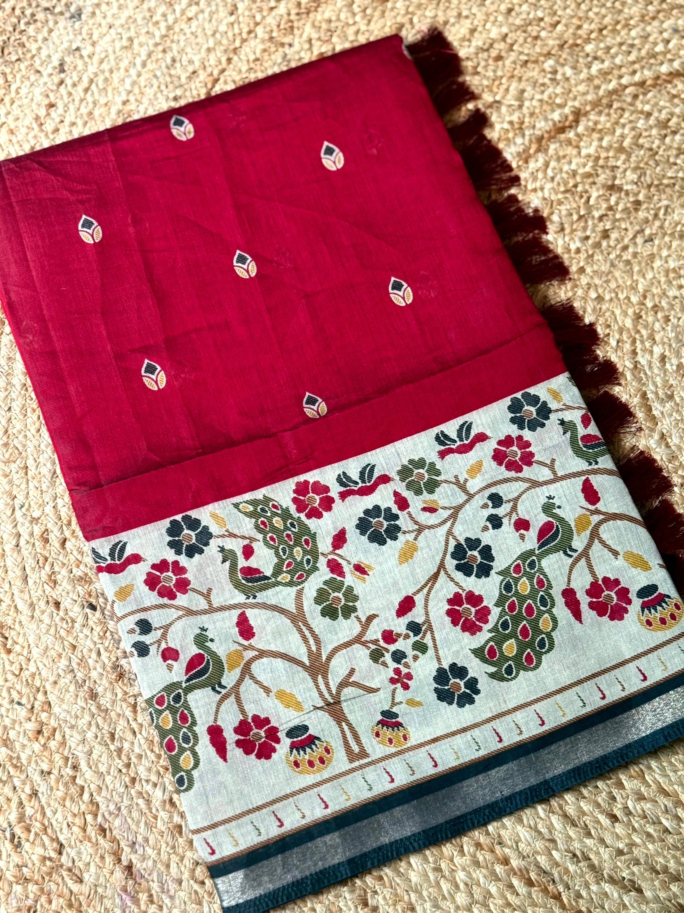 Red Pure Cotton Viscose Kalamkari Print Saree
