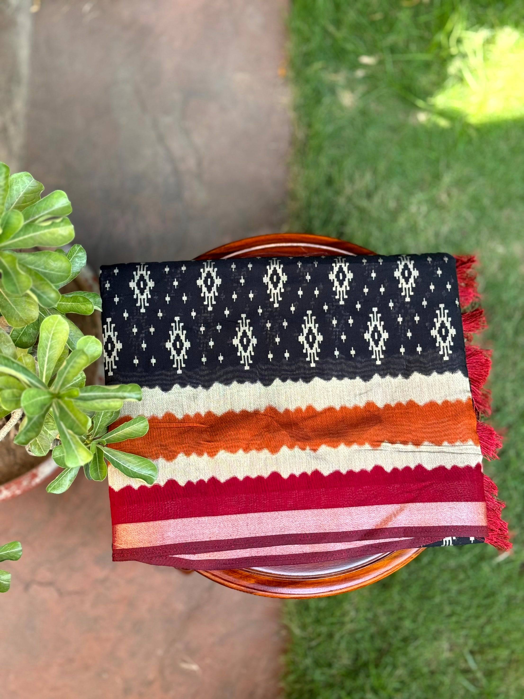 Black Pure Cotton Viscose Ikkat Print Saree