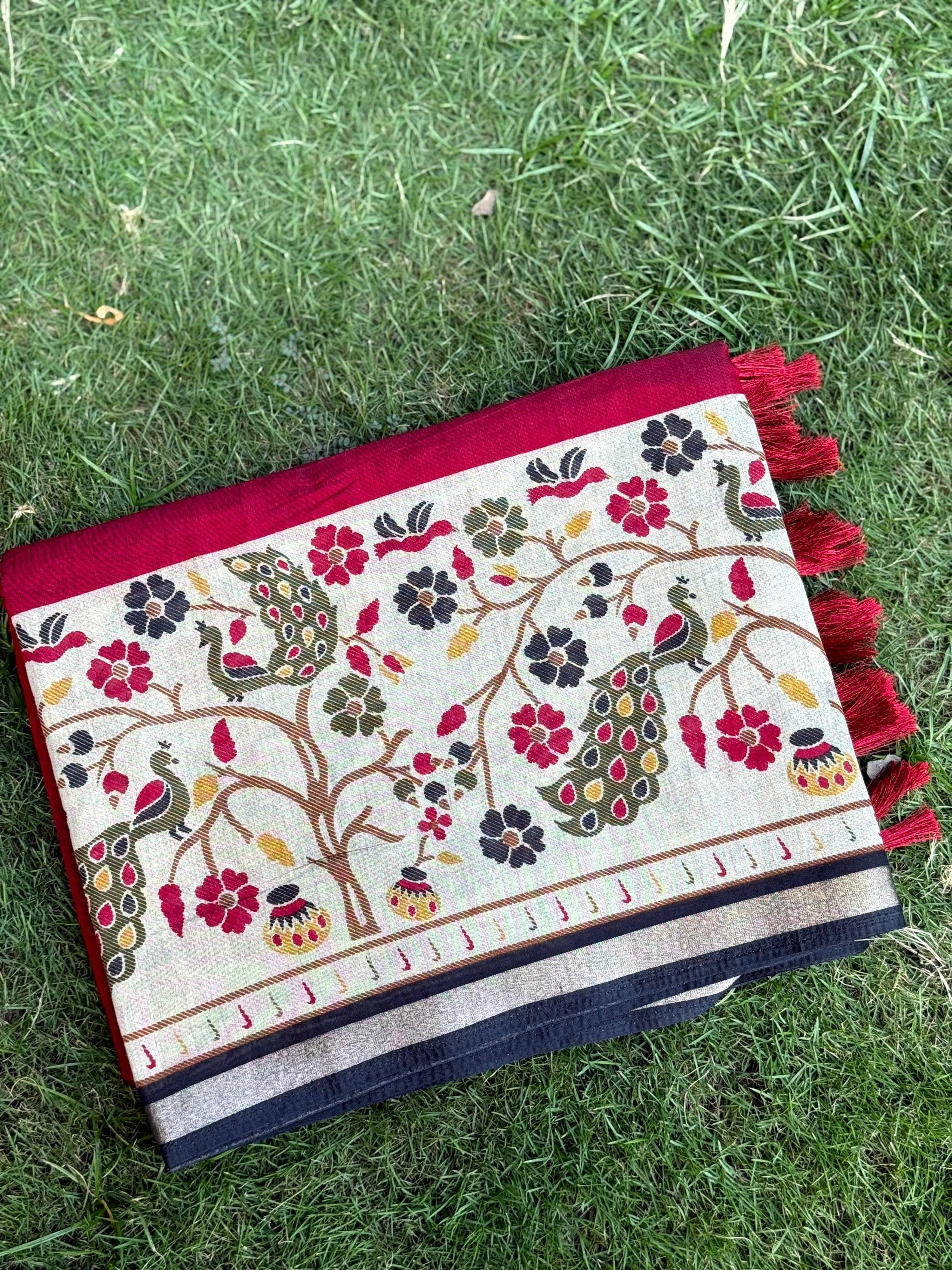 Red Pure Cotton Viscose Kalamkari Print Saree