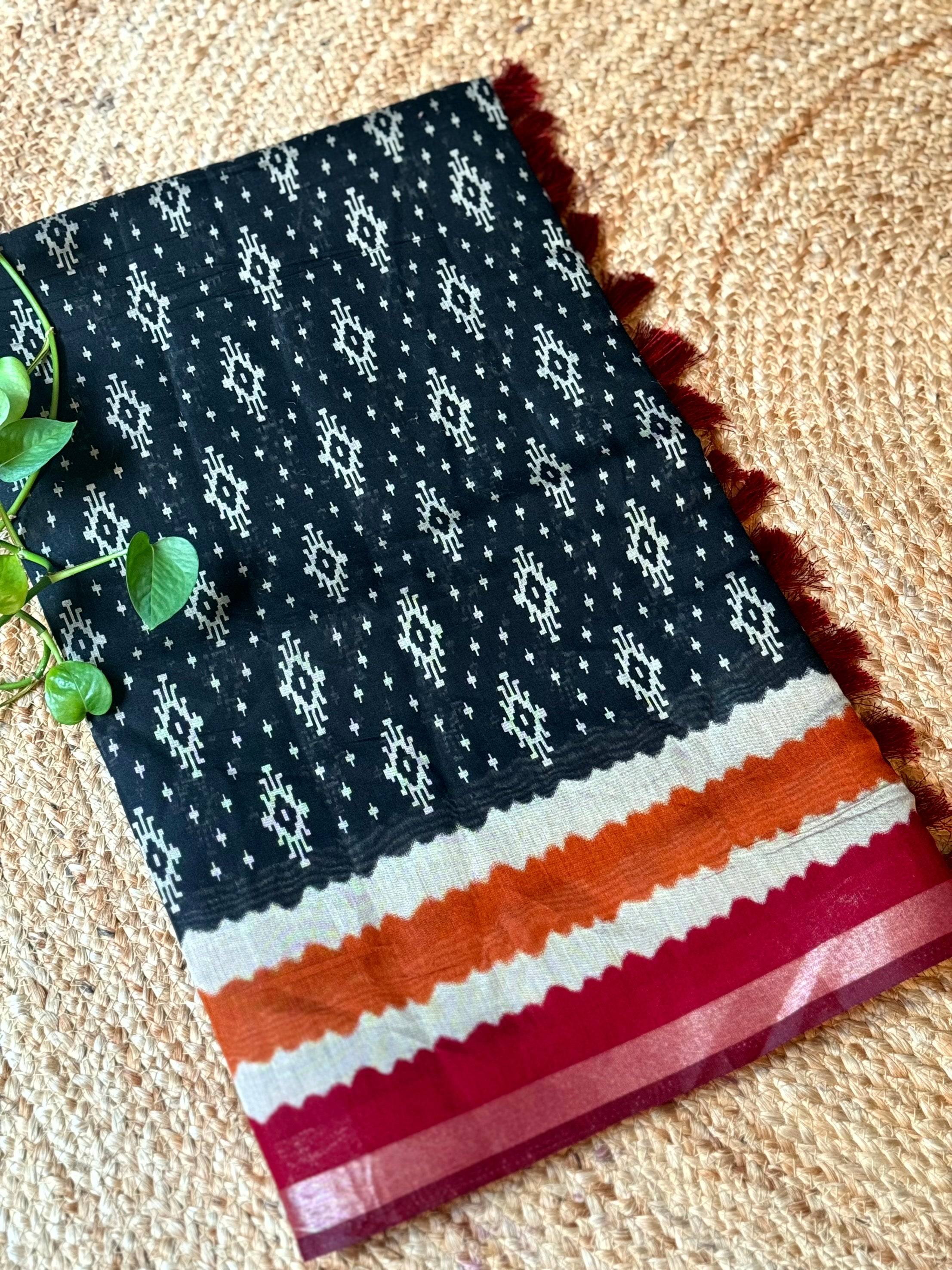 Black Pure Cotton Viscose Ikkat Print Saree