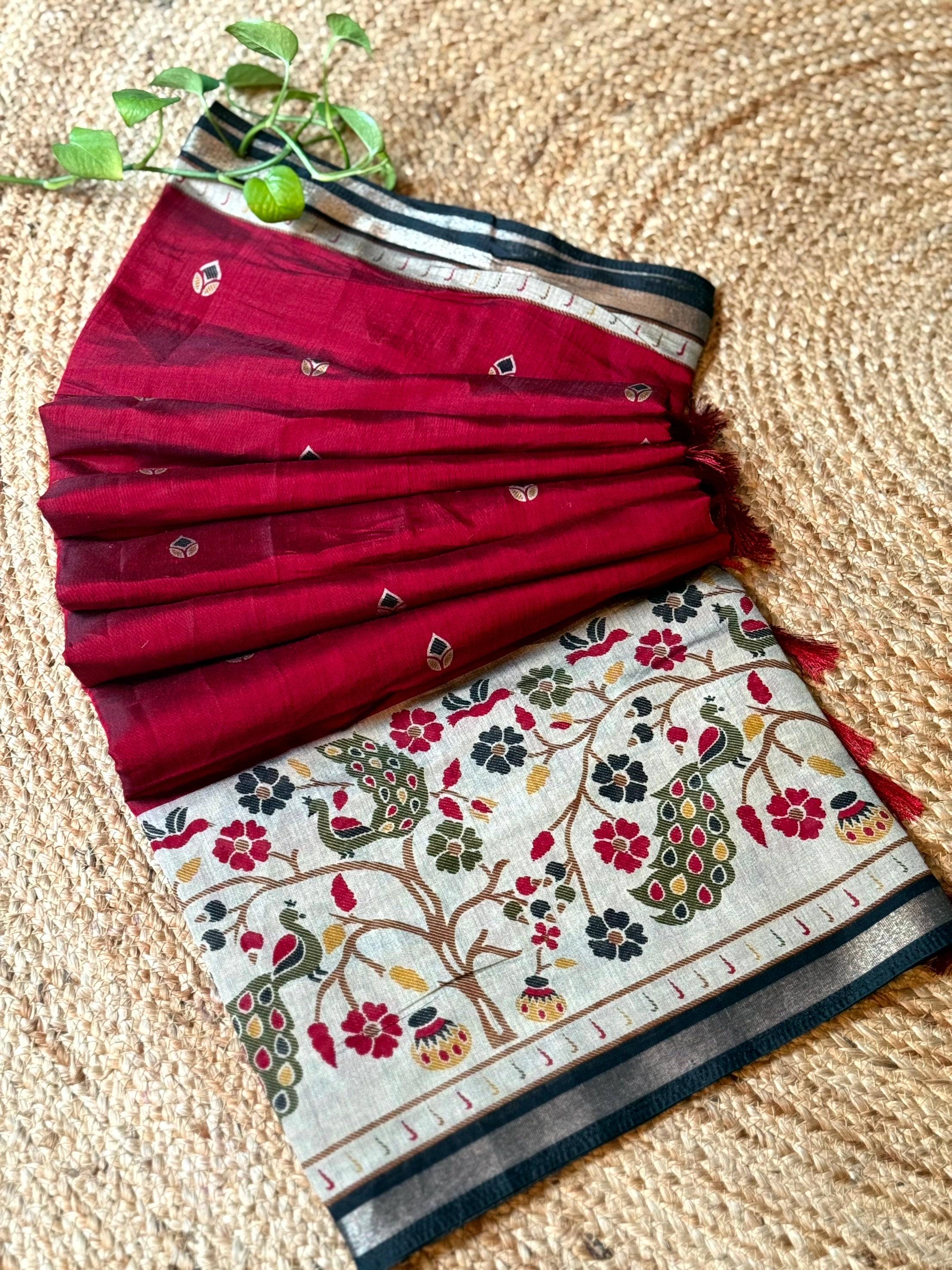 Red Pure Cotton Viscose Kalamkari Print Saree