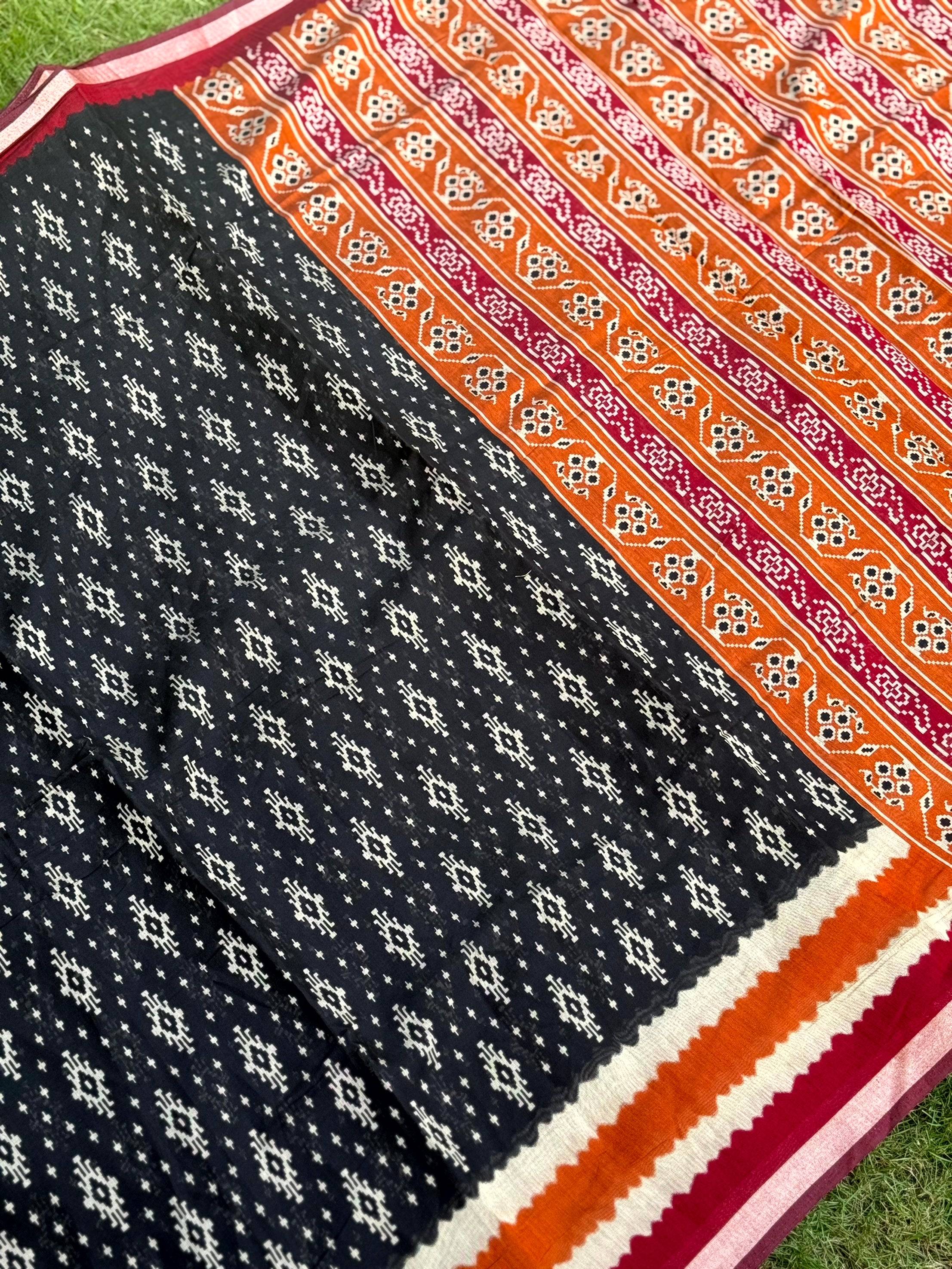 Black Pure Cotton Viscose Ikkat Print Saree