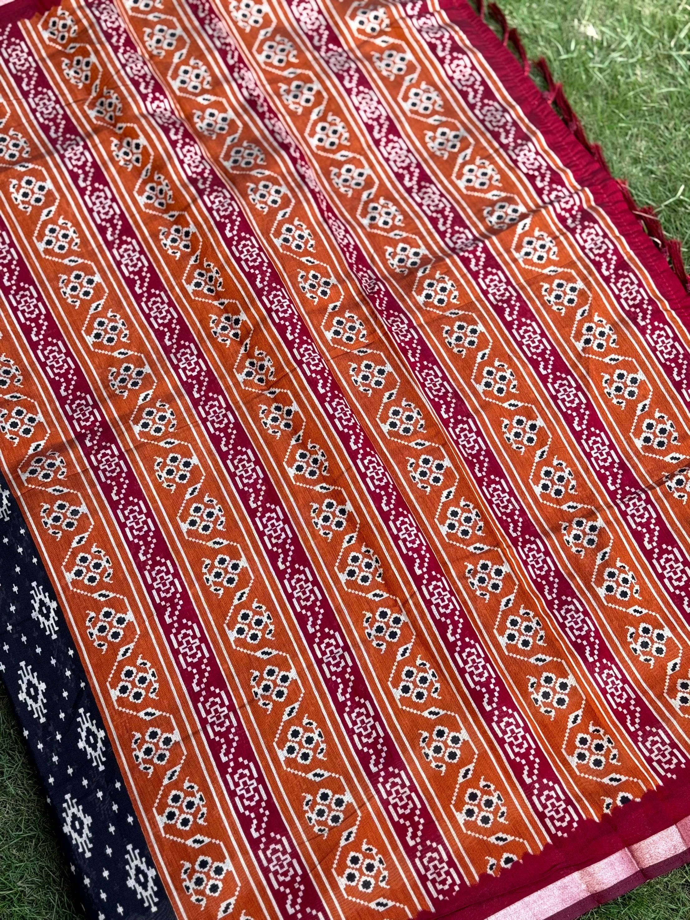 Black Pure Cotton Viscose Ikkat Print Saree