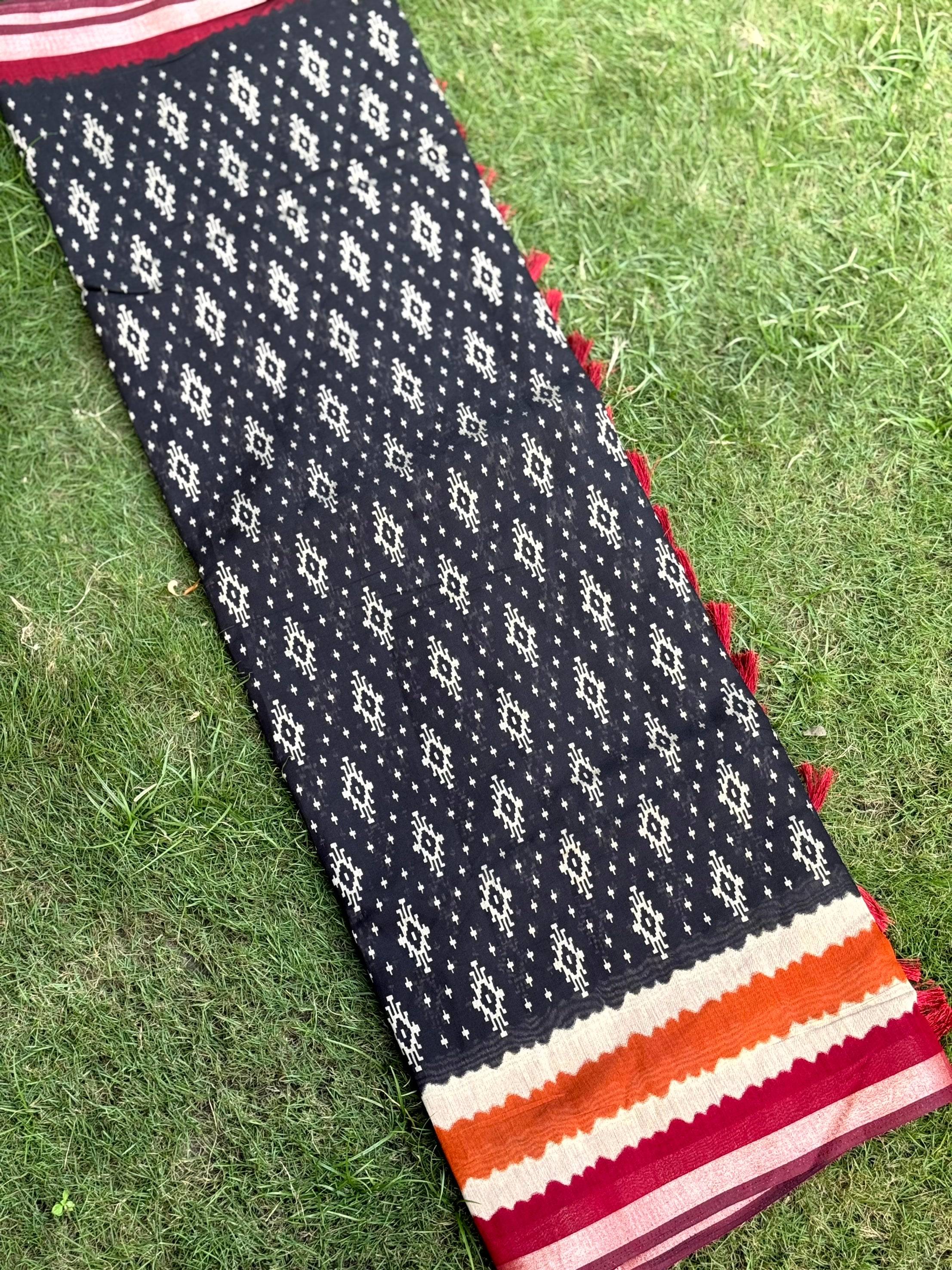 Black Pure Cotton Viscose Ikkat Print Saree