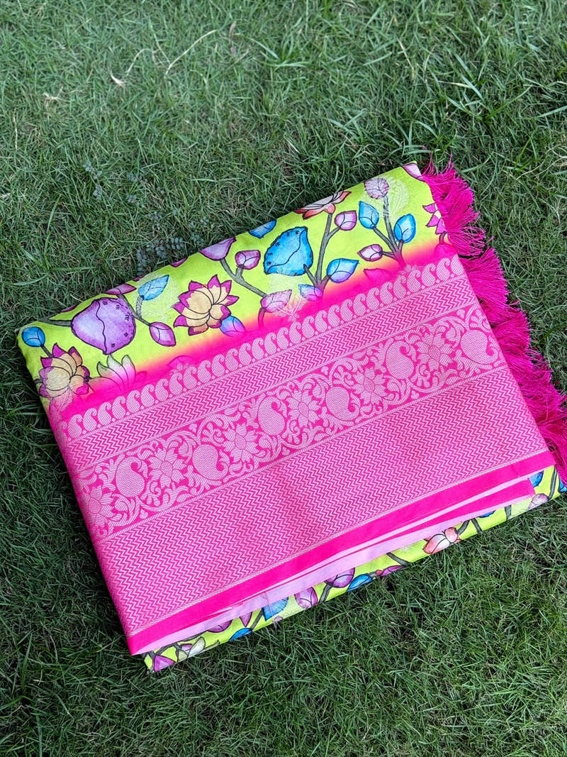Parrot Green Soft Silk Floral Print Saree