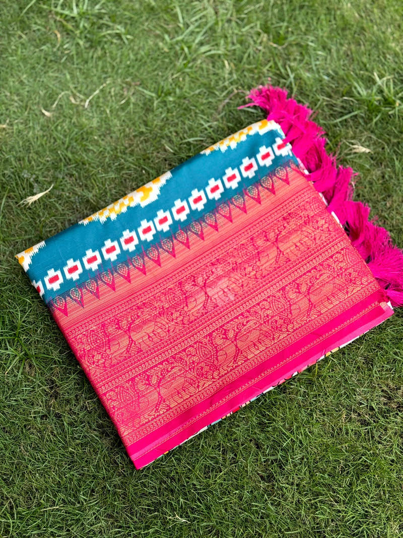 Cream Soft Silk Floral Patola Border Saree