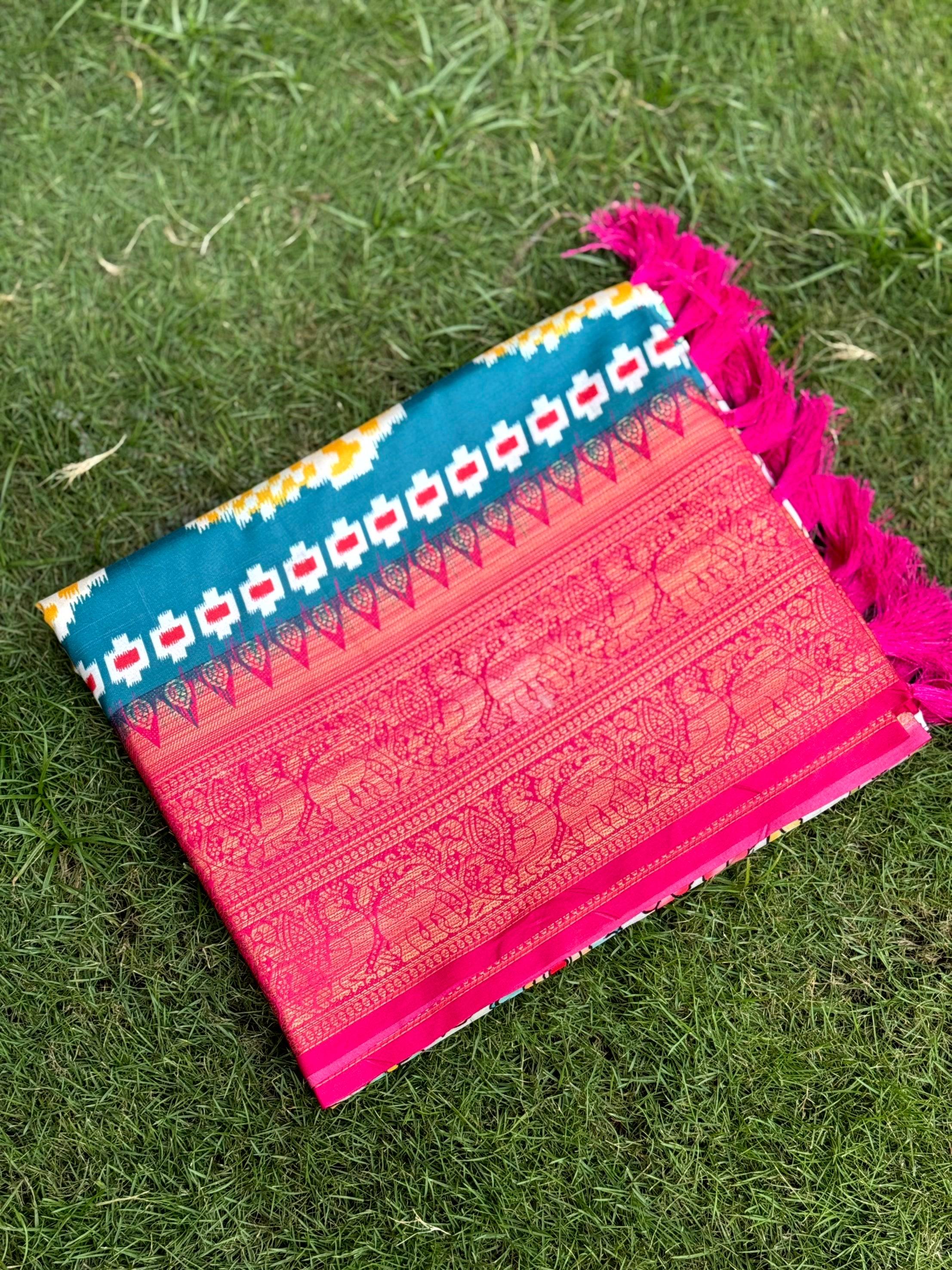 Cream Soft Silk Floral Patola Border Saree