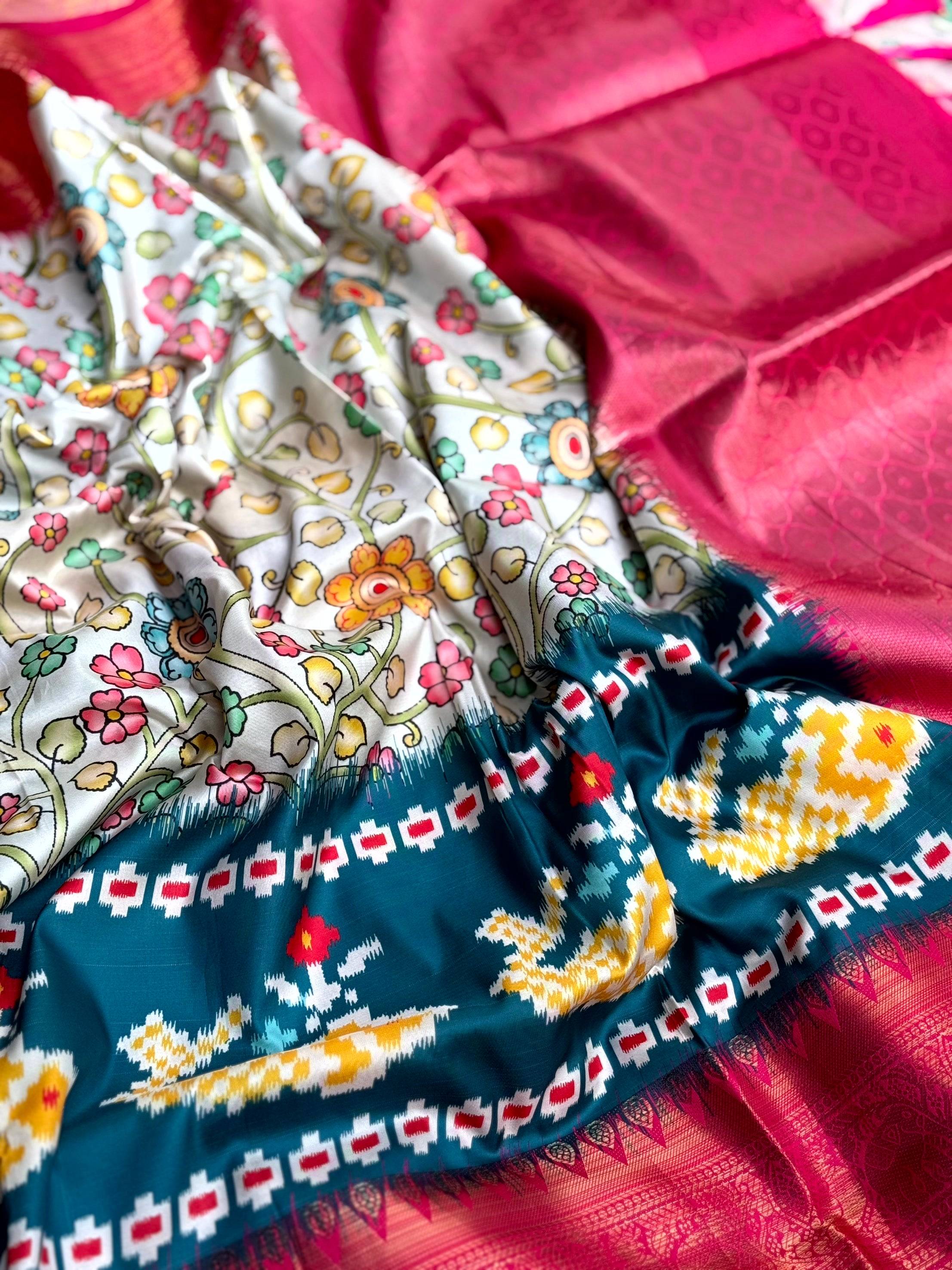 Cream Soft Silk Floral Patola Border Saree