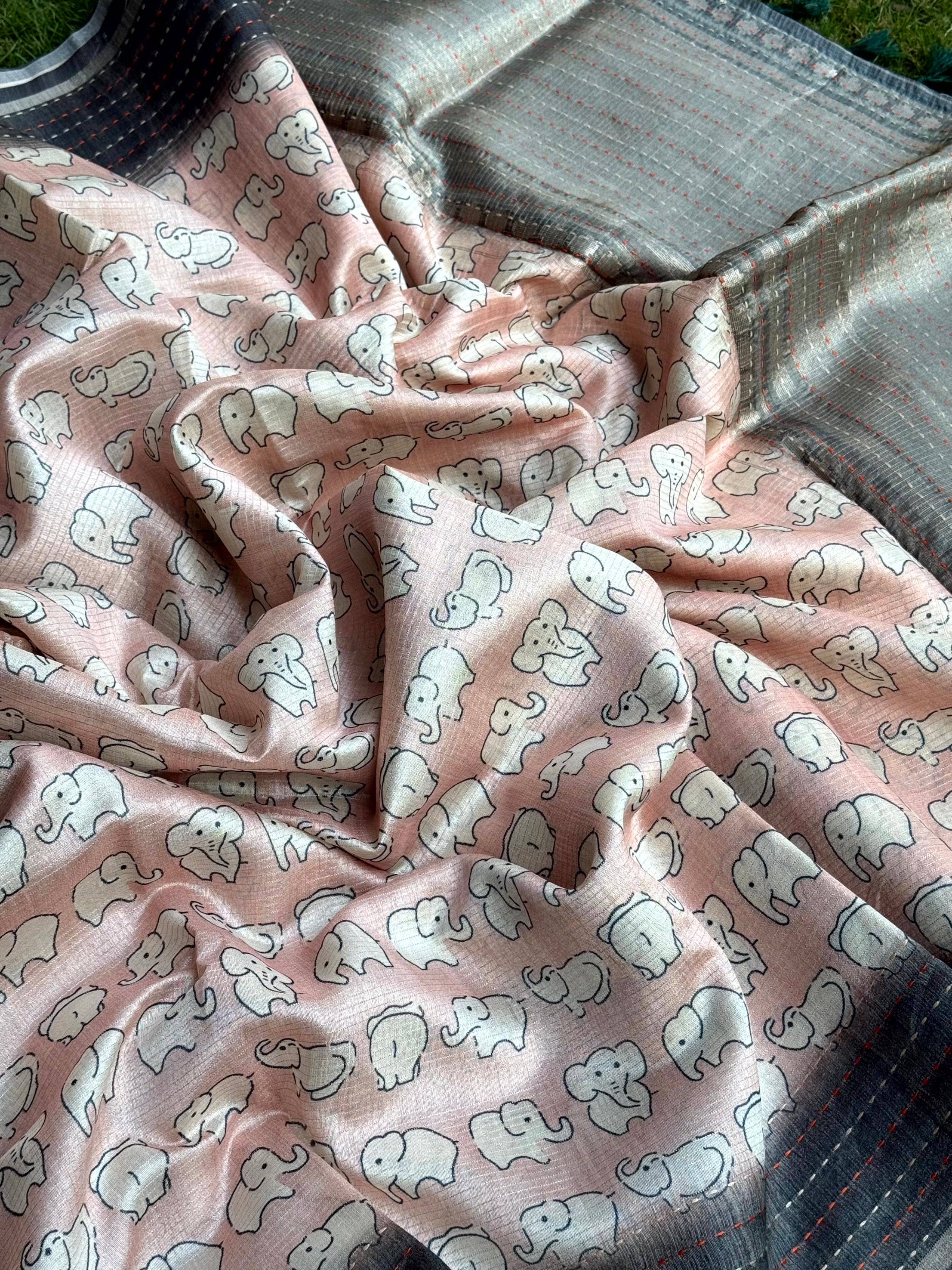 Baby Elephant Print Kota Tissue Saree