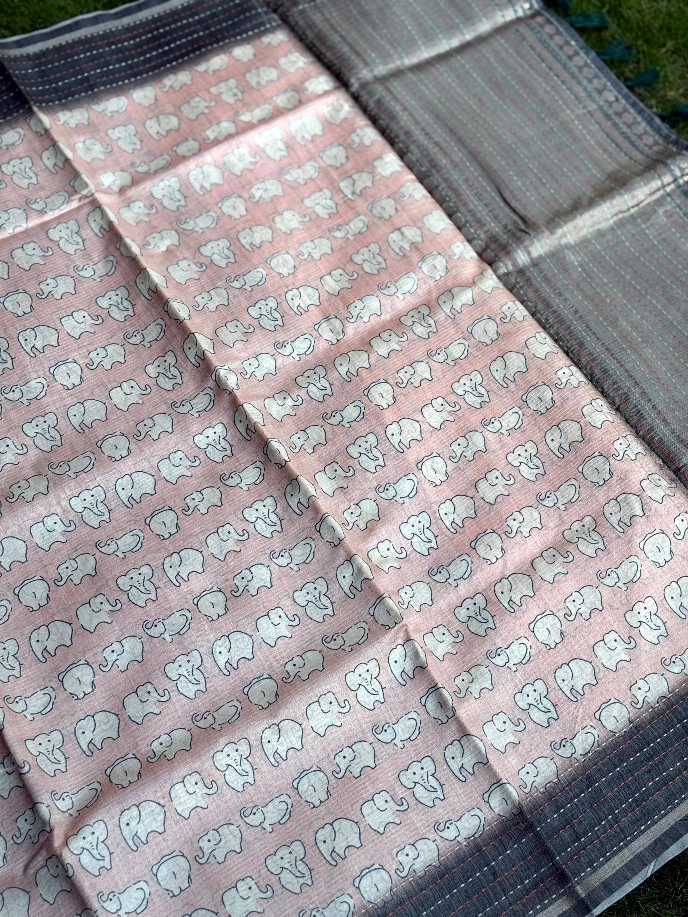 Baby Elephant Print Kota Tissue Saree