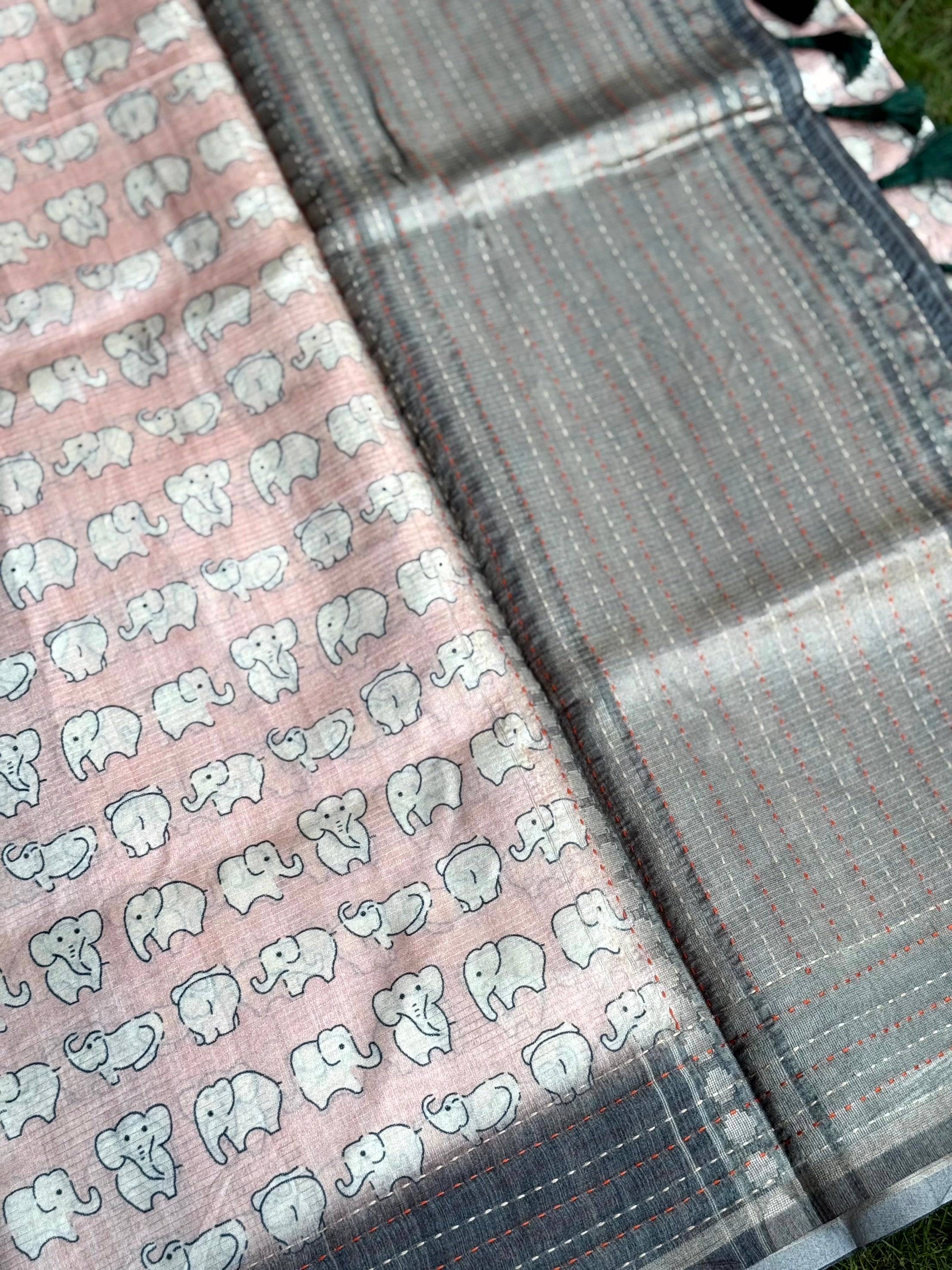 Baby Elephant Print Kota Tissue Saree