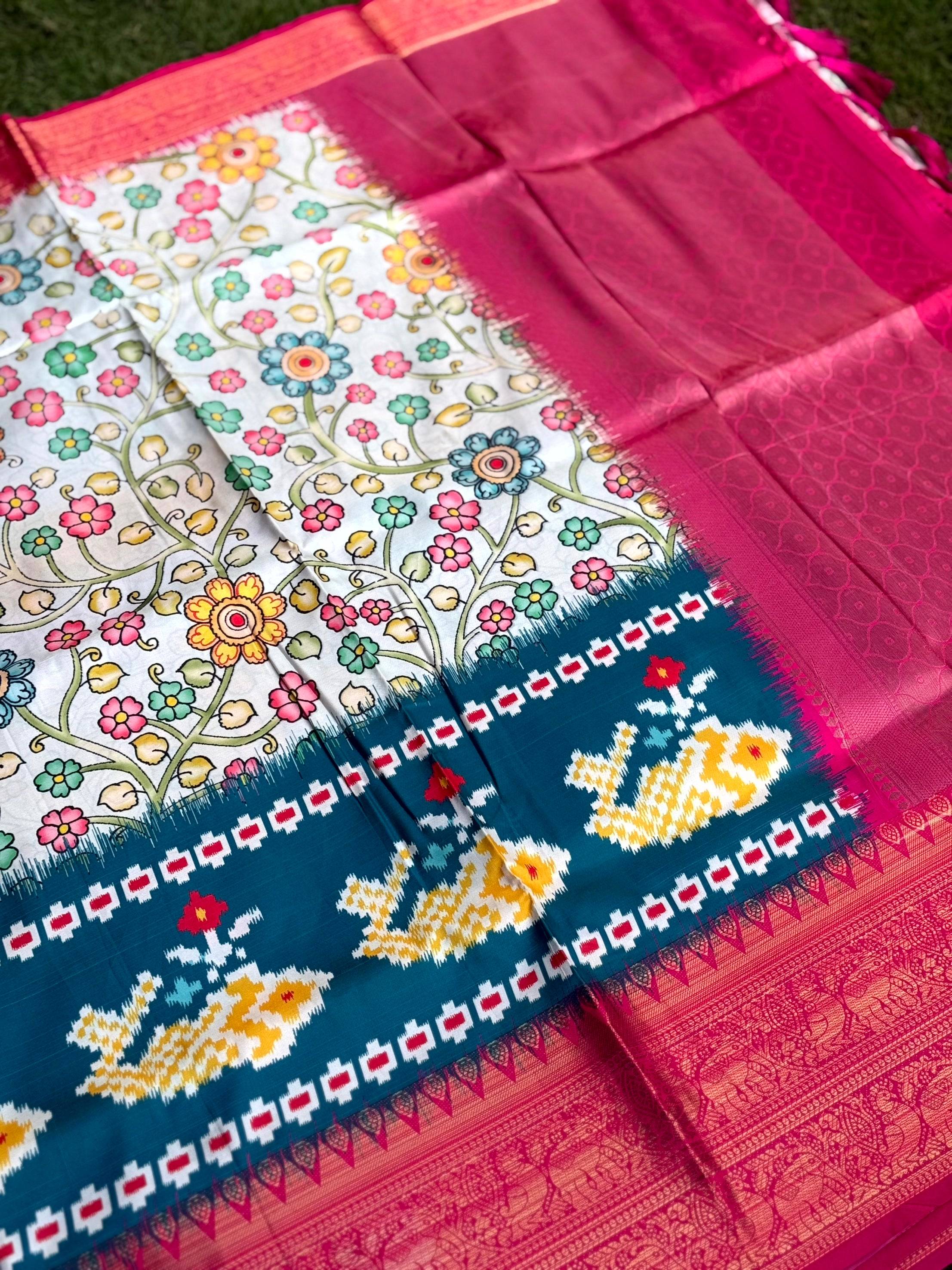 Cream Soft Silk Floral Patola Border Saree