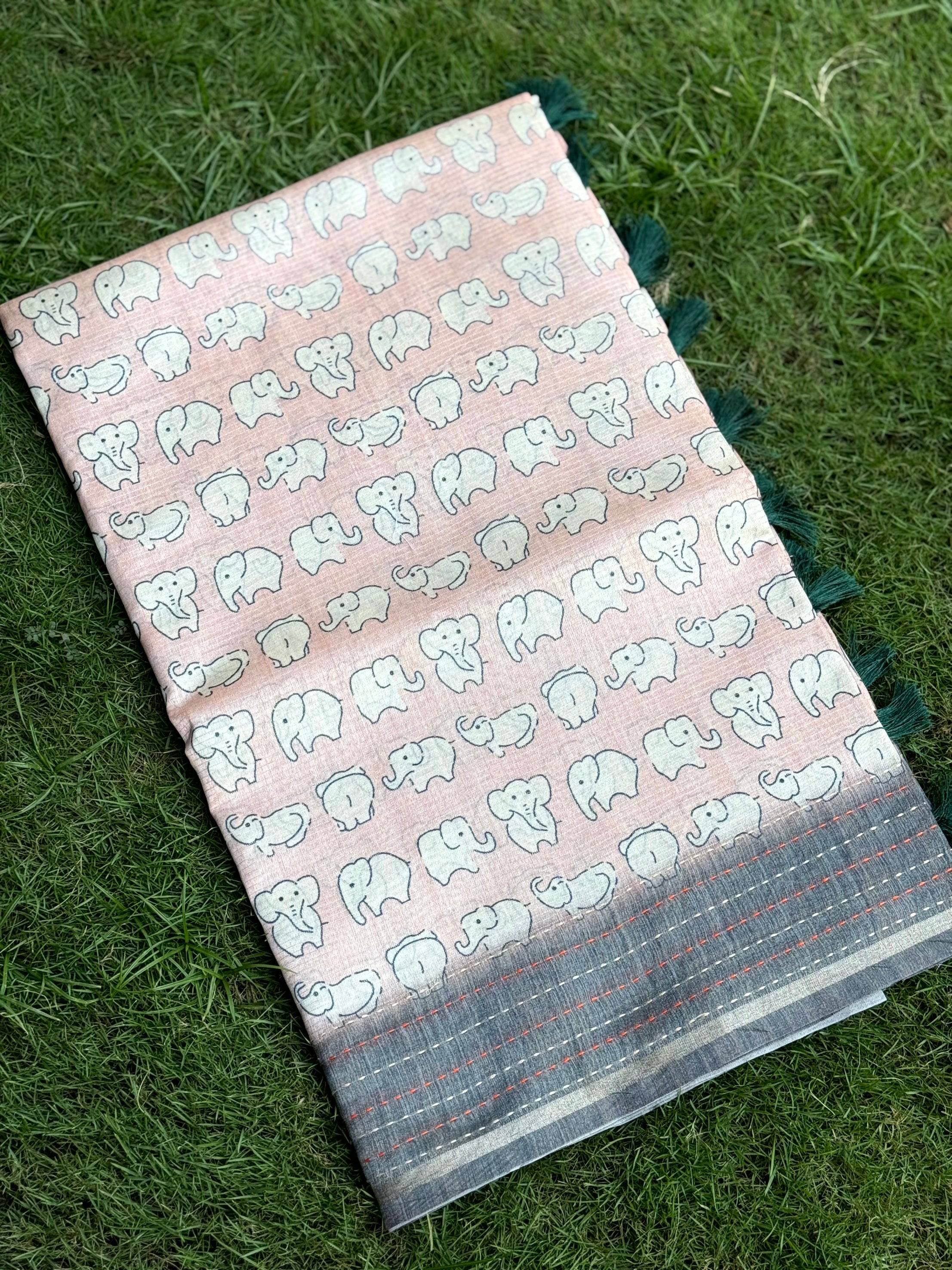 Baby Elephant Print Kota Tissue Saree