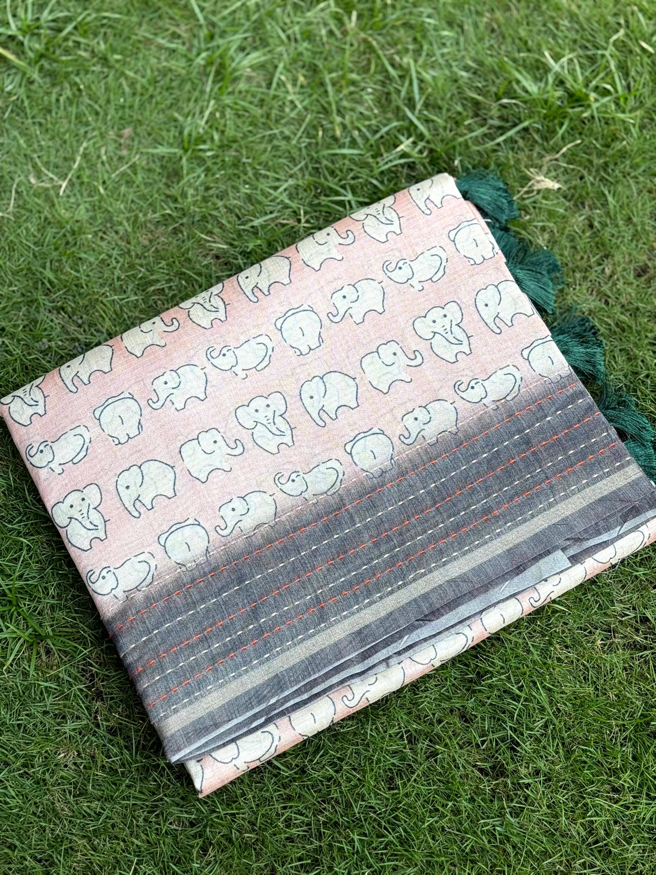 Baby Elephant Print Kota Tissue Saree