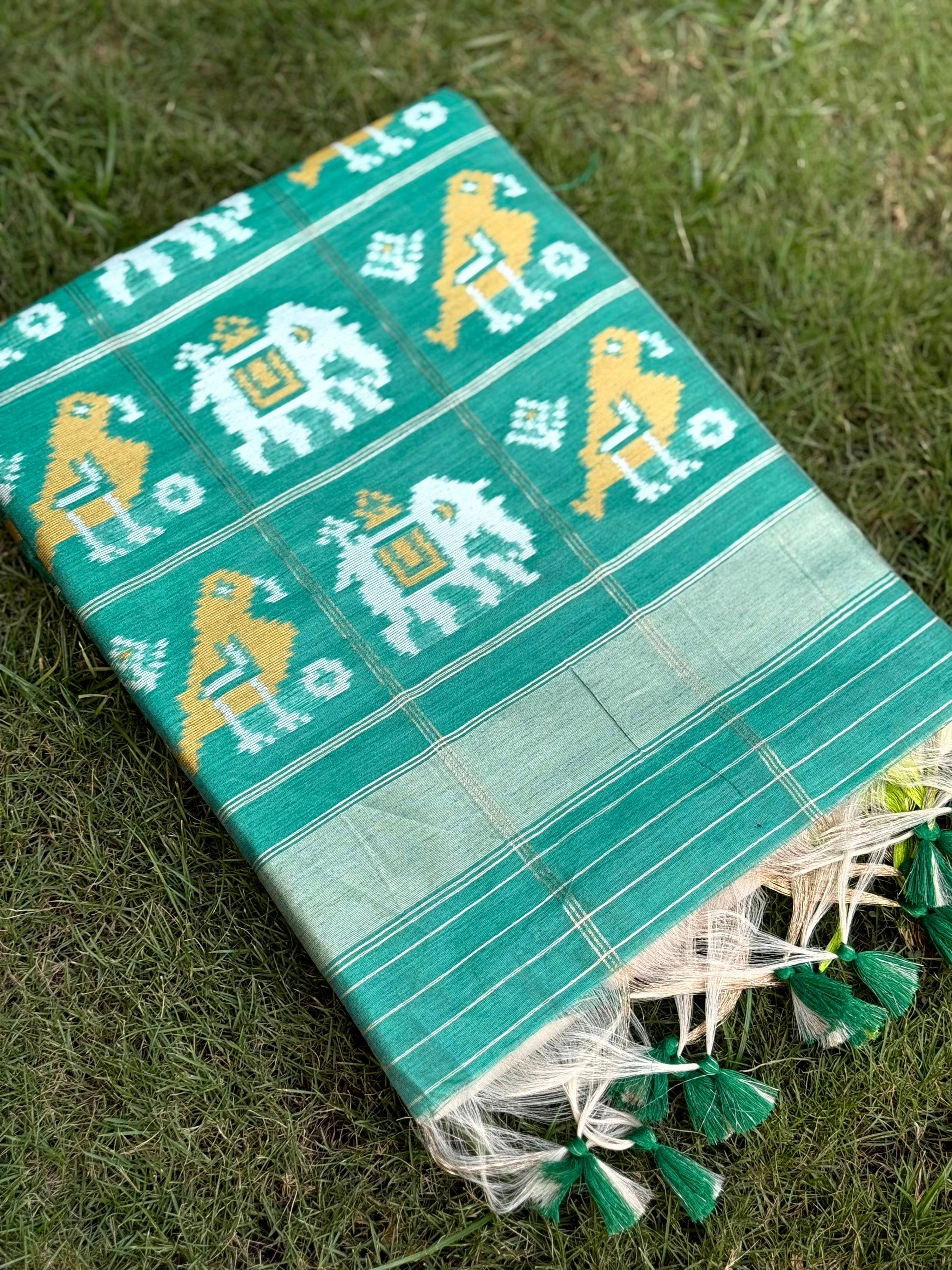 White Double Ikat Tussar Silk Saree