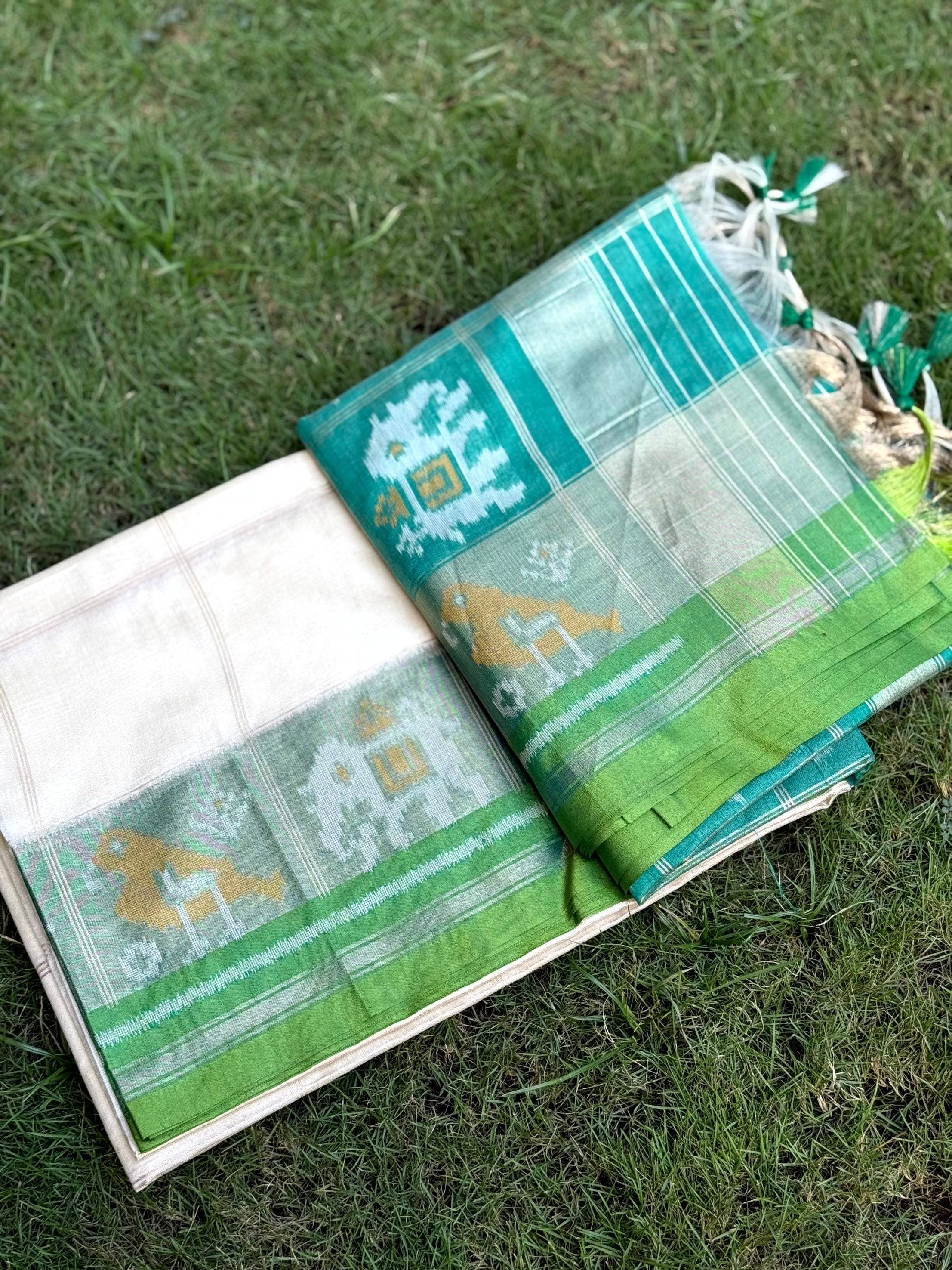 White Double Ikat Tussar Silk Saree