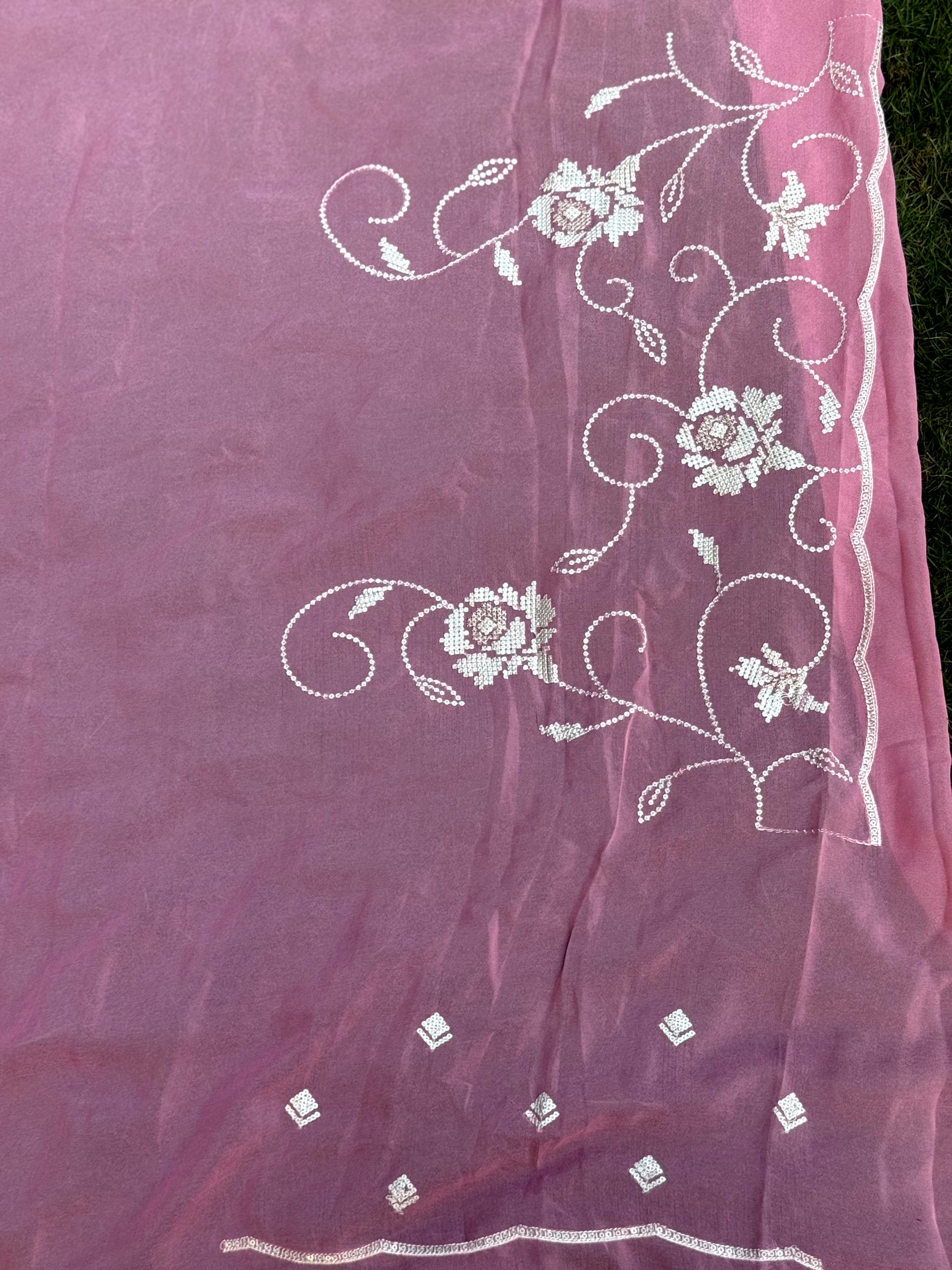 Peach Georgette Sequin Embroidery Saree