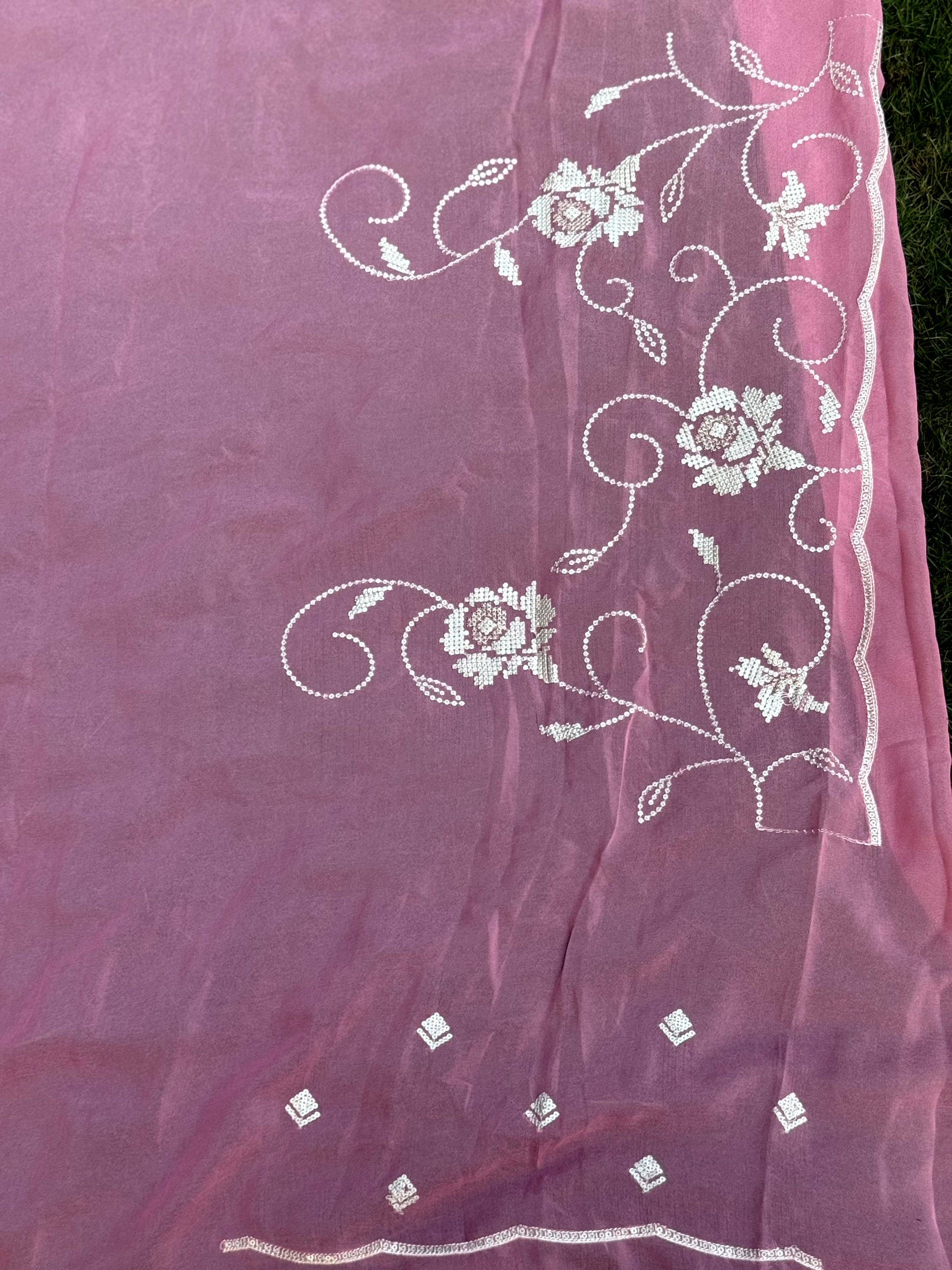 Peach Georgette Sequin Embroidery Saree