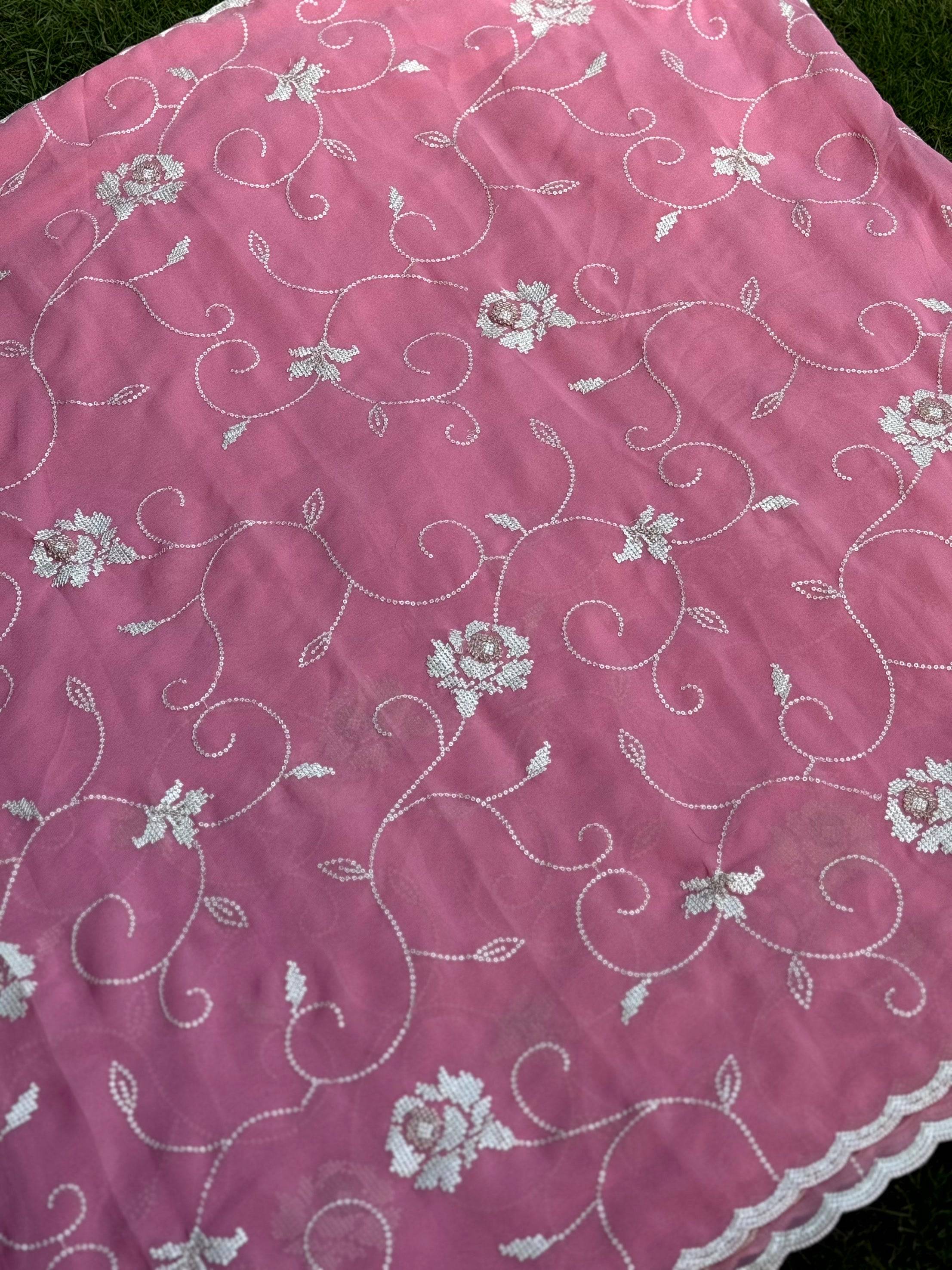 Peach Georgette Sequin Embroidery Saree
