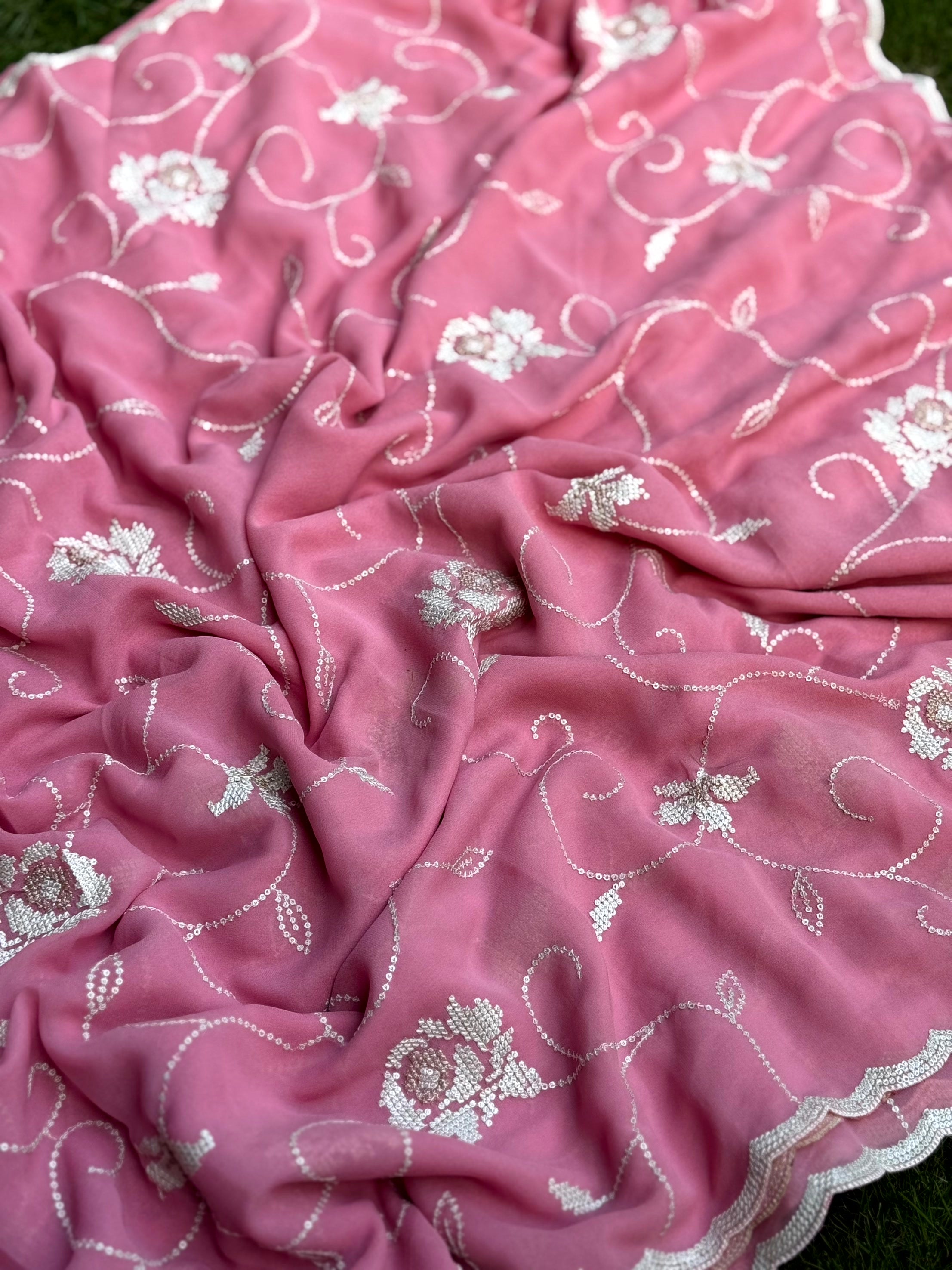 Peach Georgette Sequin Embroidery Saree