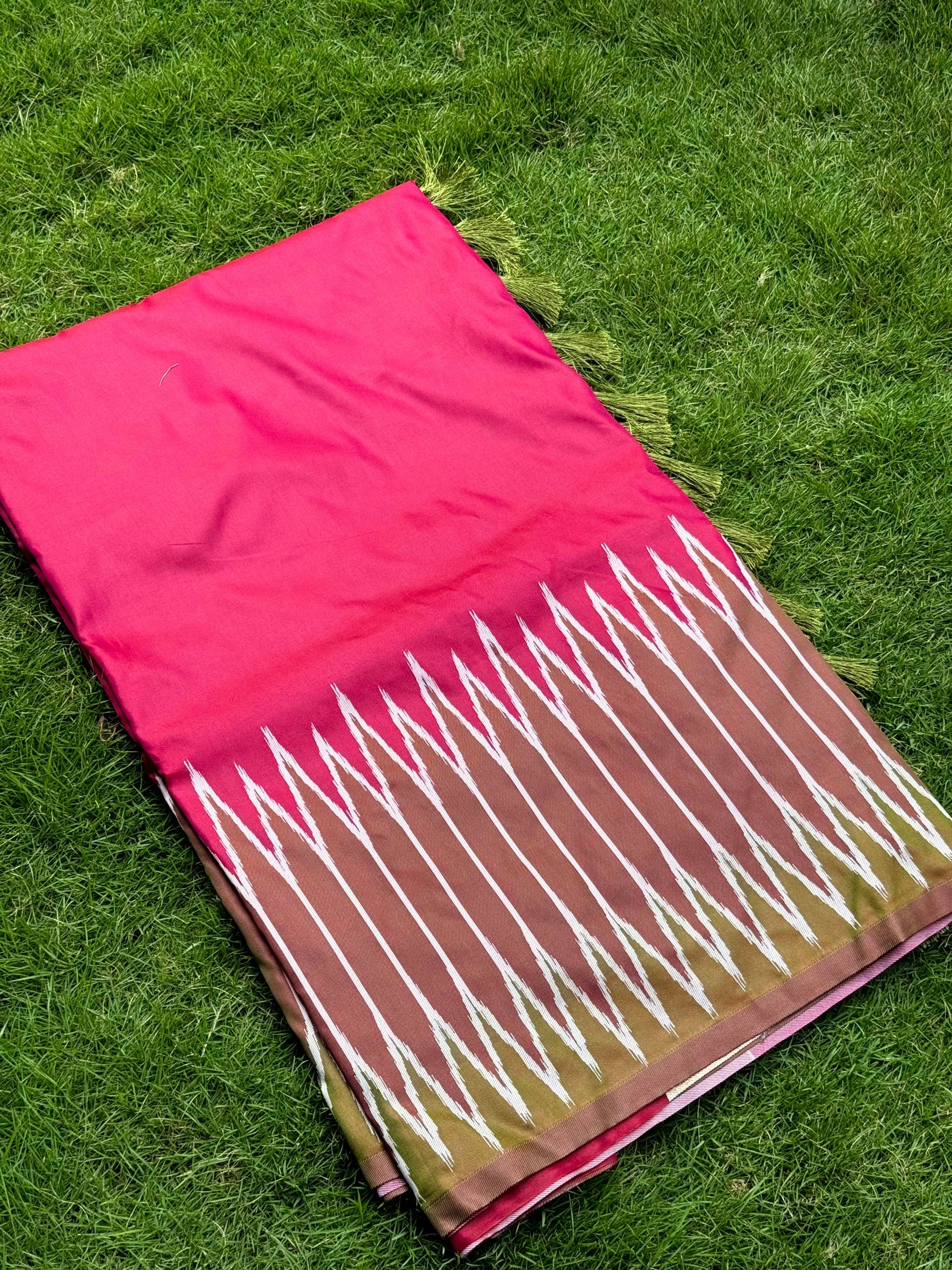 Peach Soft Silk Ikkat Zari Weaving Saree