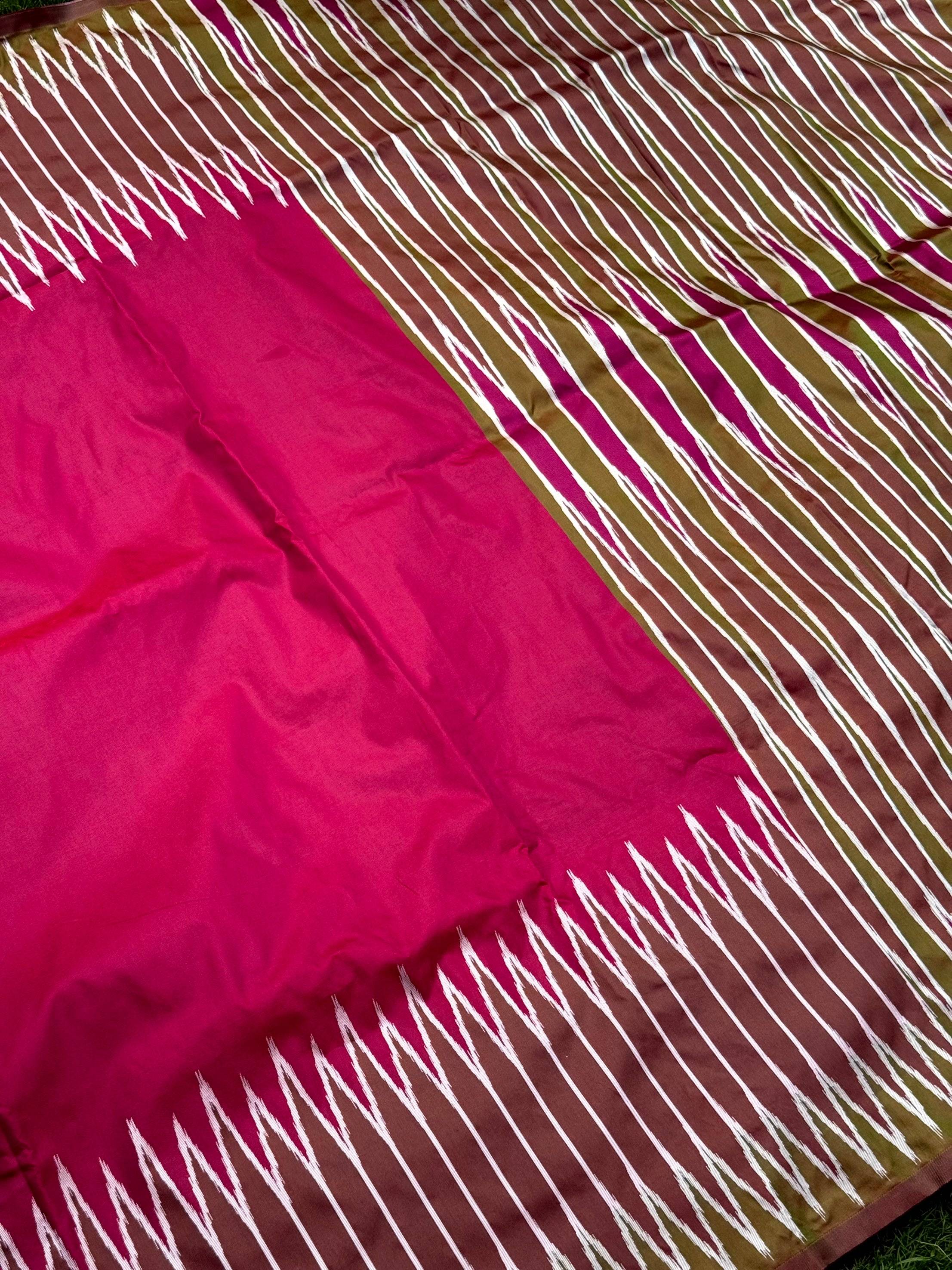 Peach Soft Silk Ikkat Zari Weaving Saree