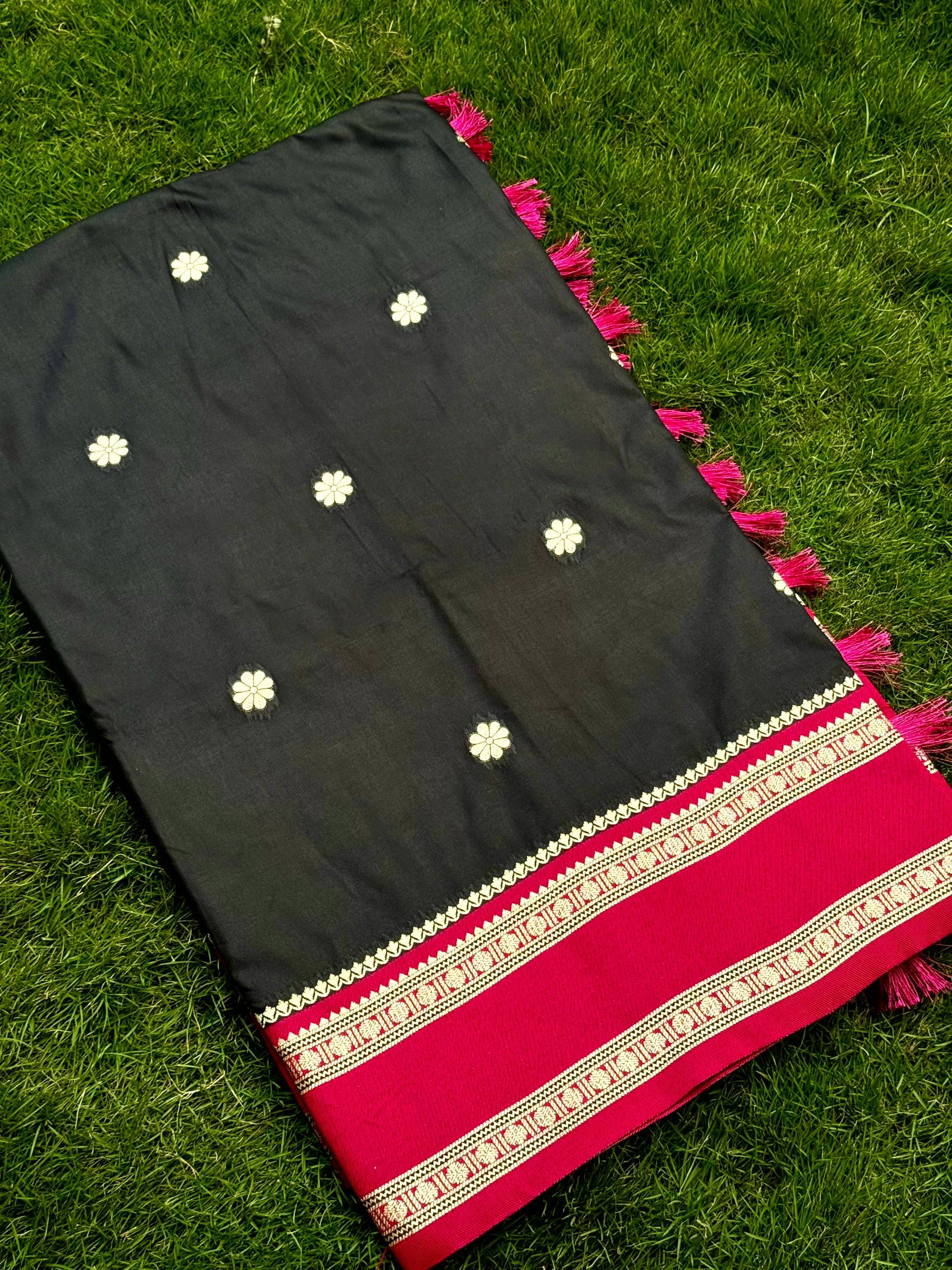 Raven Black Soft Silk Floral Butta Saree