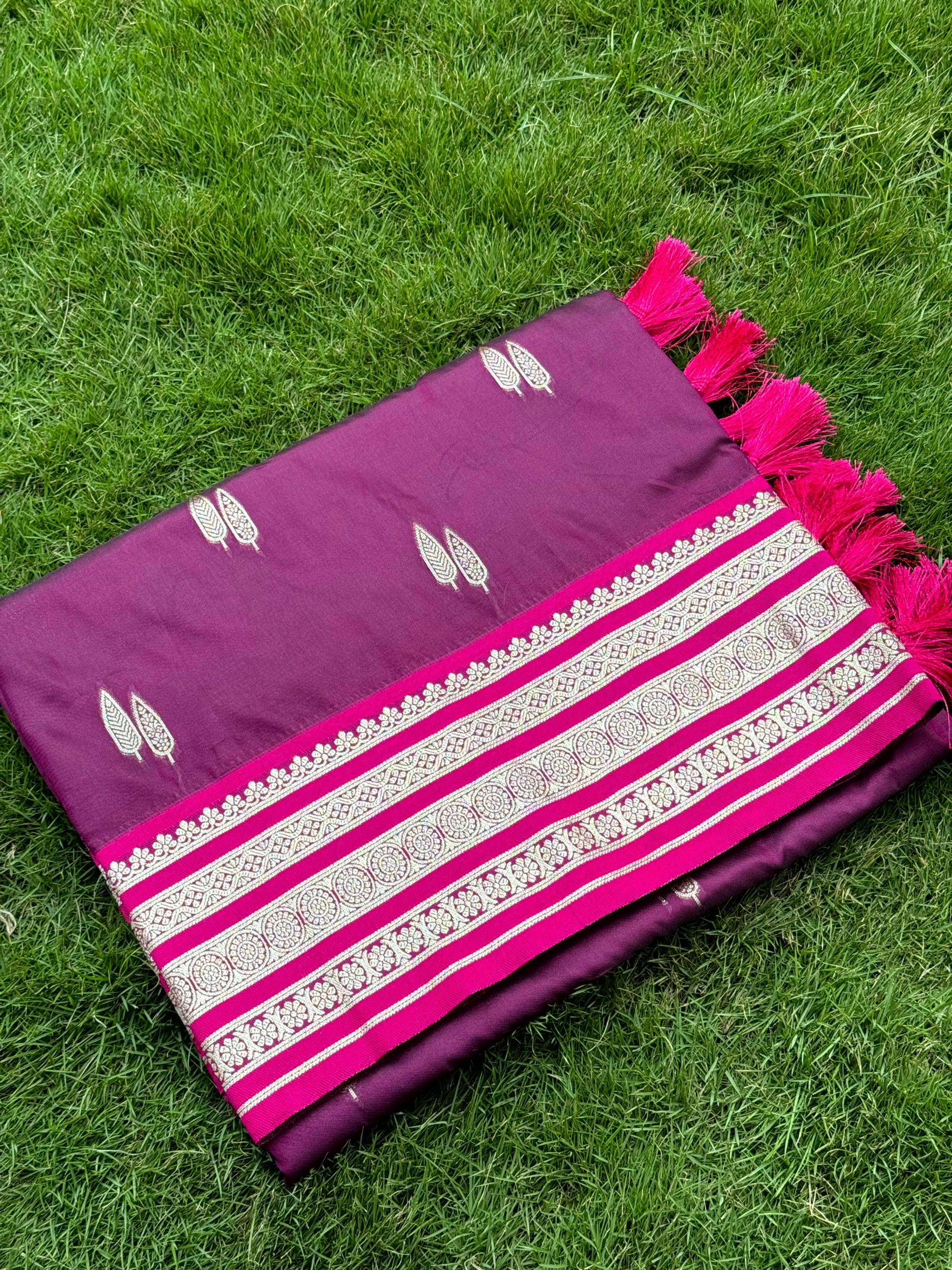 Wine Soft Silk Satin Minakari Border Saree