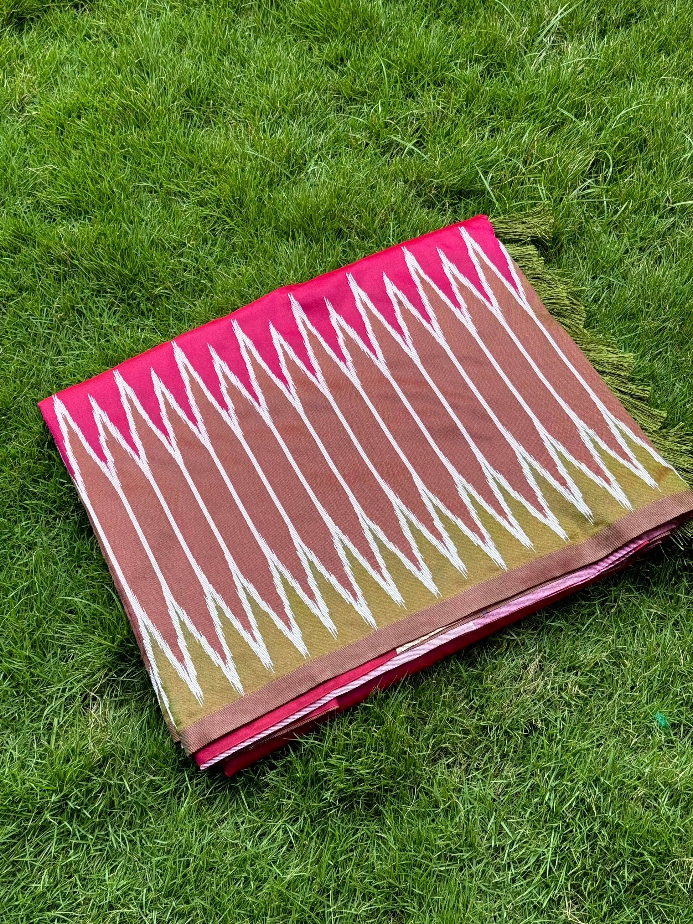 Peach Soft Silk Ikkat Zari Weaving Saree
