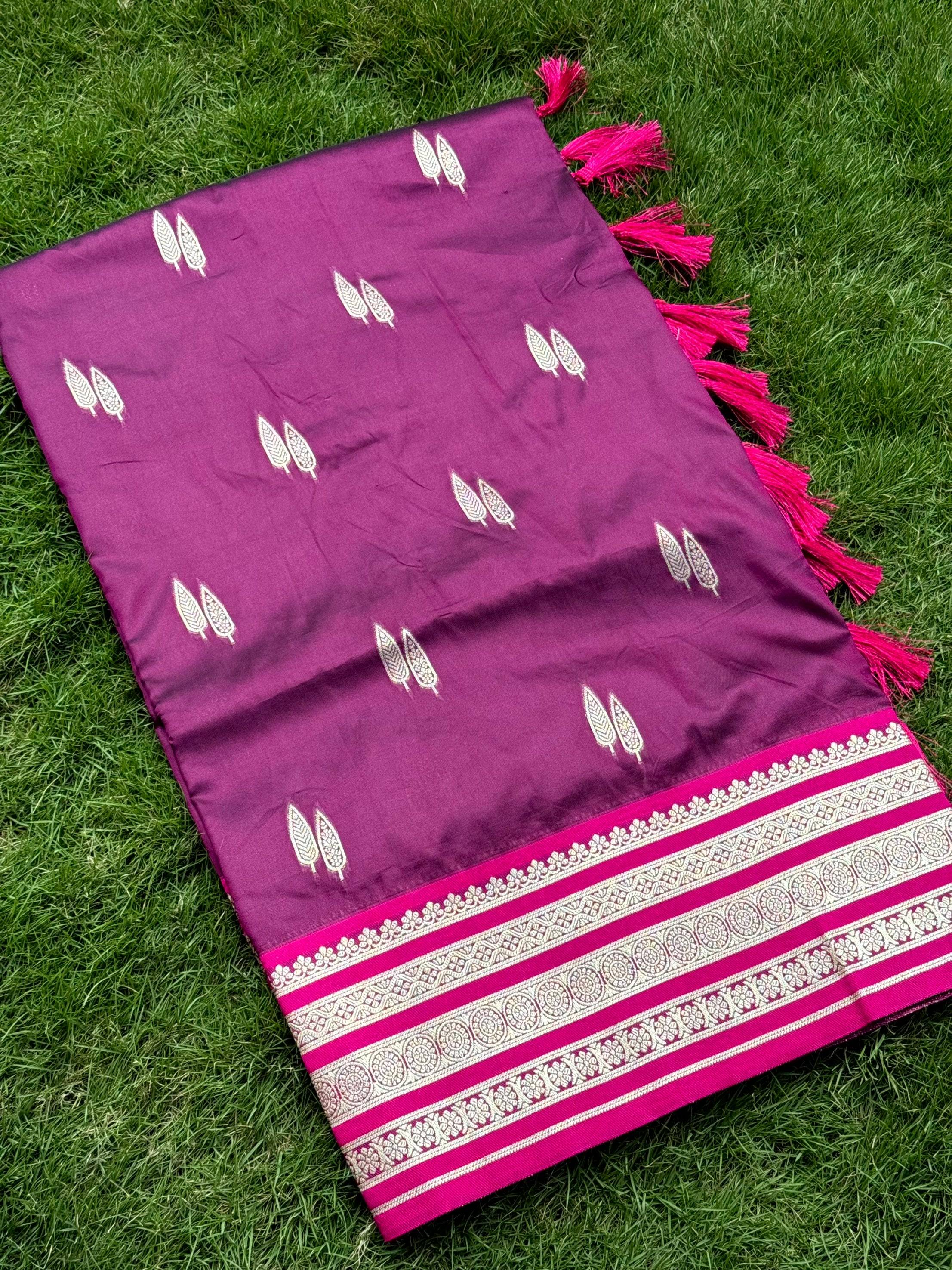 Wine Soft Silk Satin Minakari Border Saree