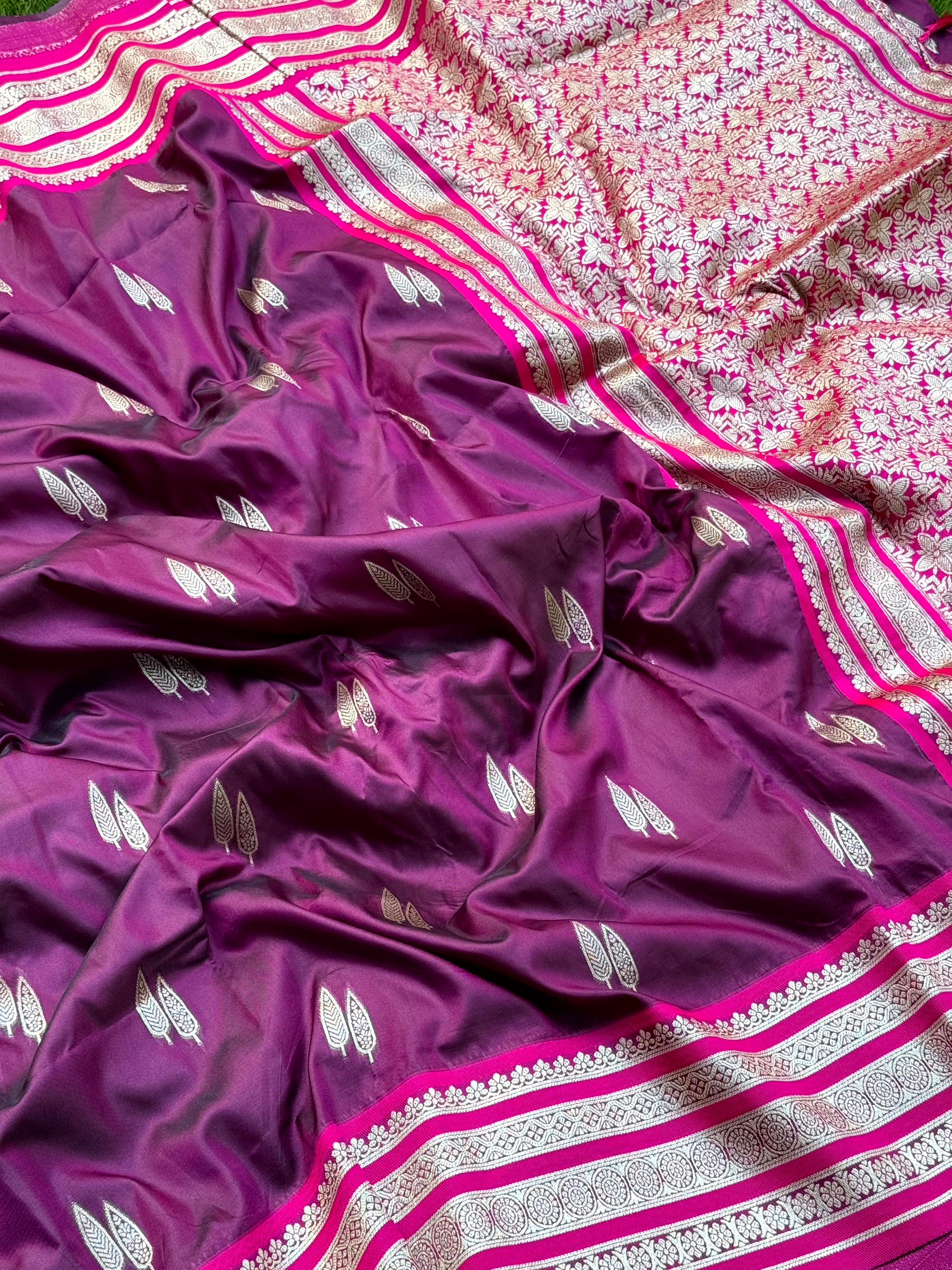 Wine Soft Silk Satin Minakari Border Saree