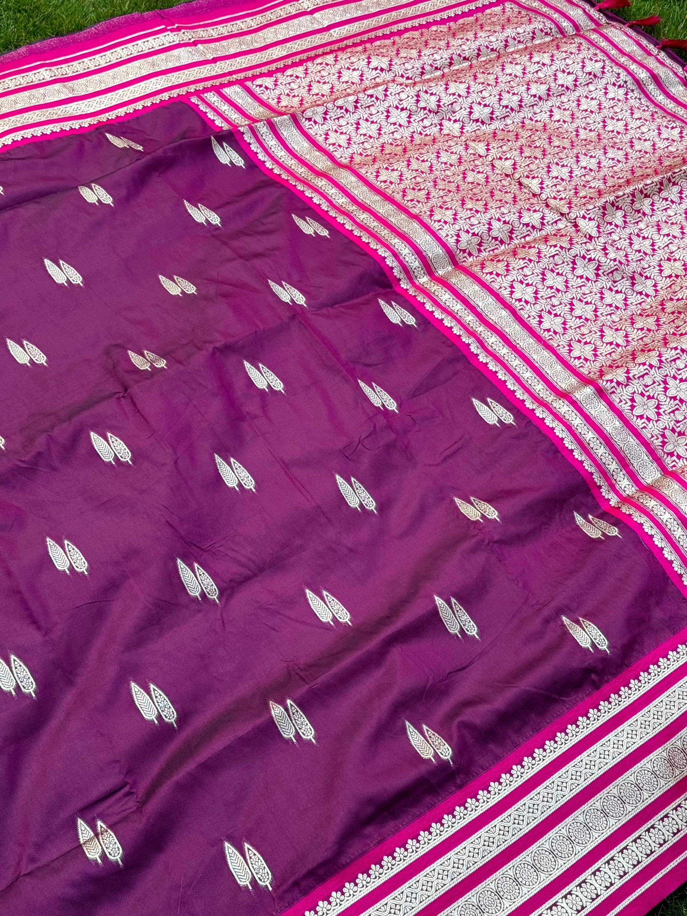 Wine Soft Silk Satin Minakari Border Saree