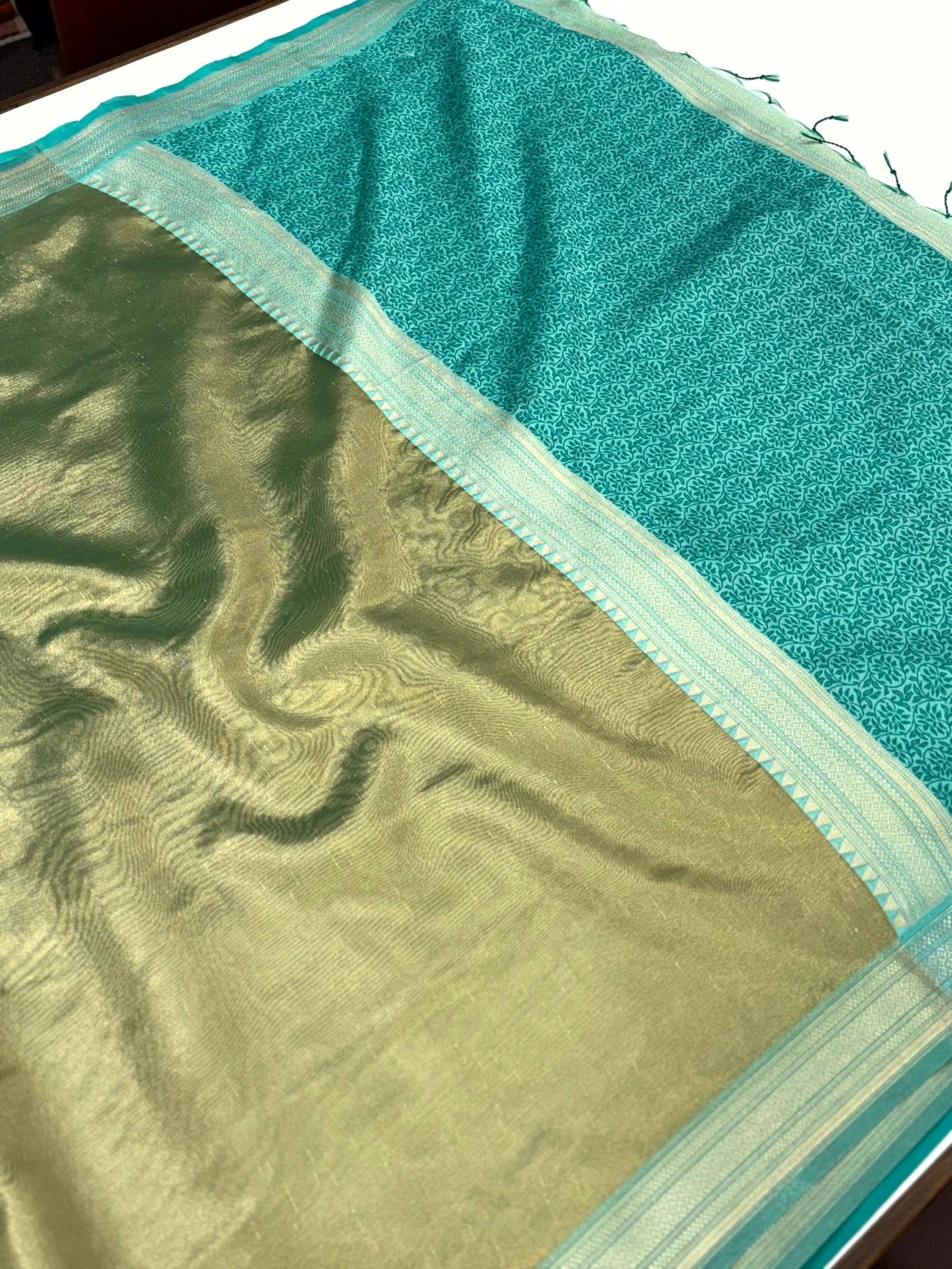 Radiant Sky Blue Gold Zari Tissue Saree