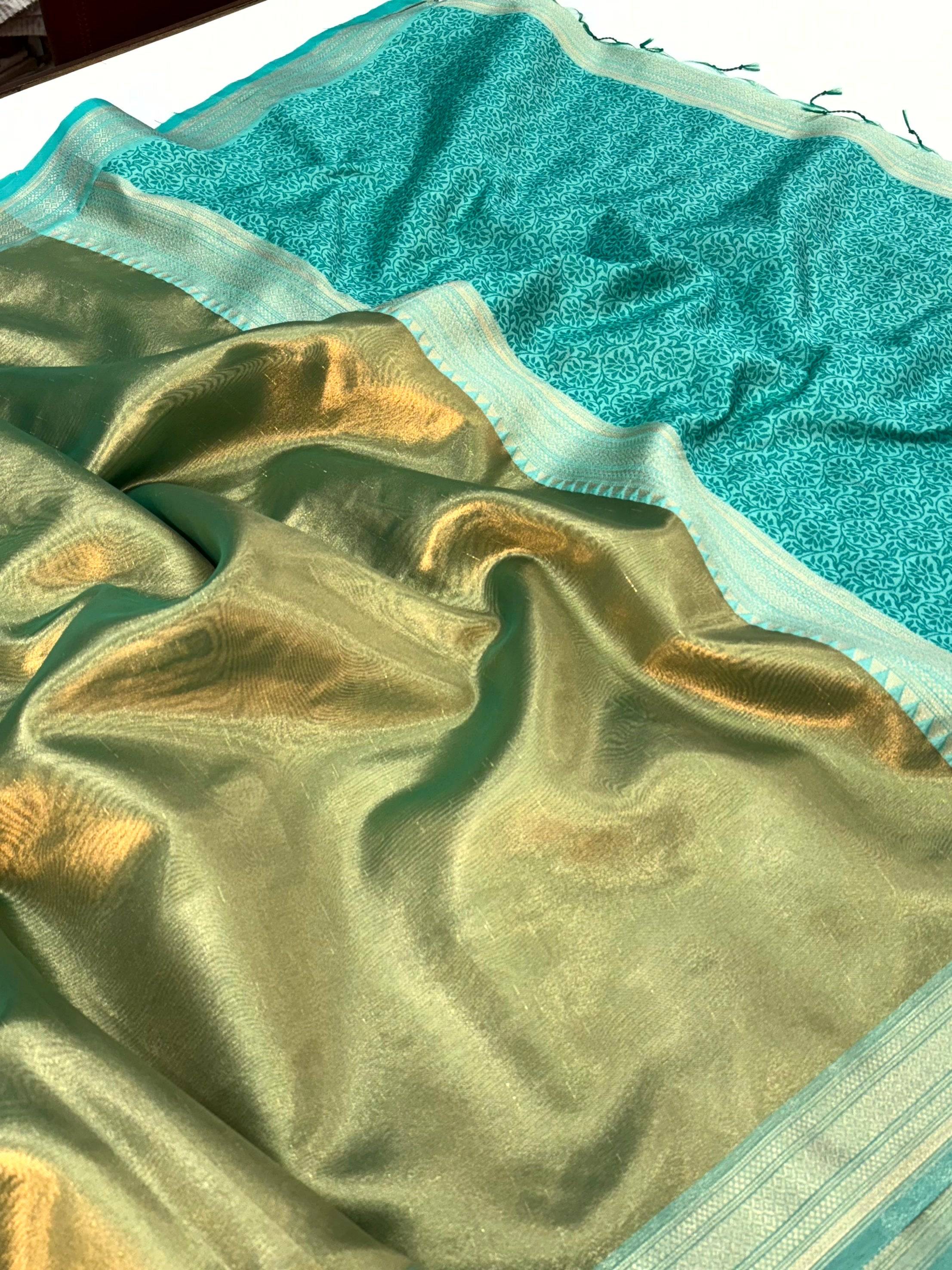 Radiant Sky Blue Gold Zari Tissue Saree