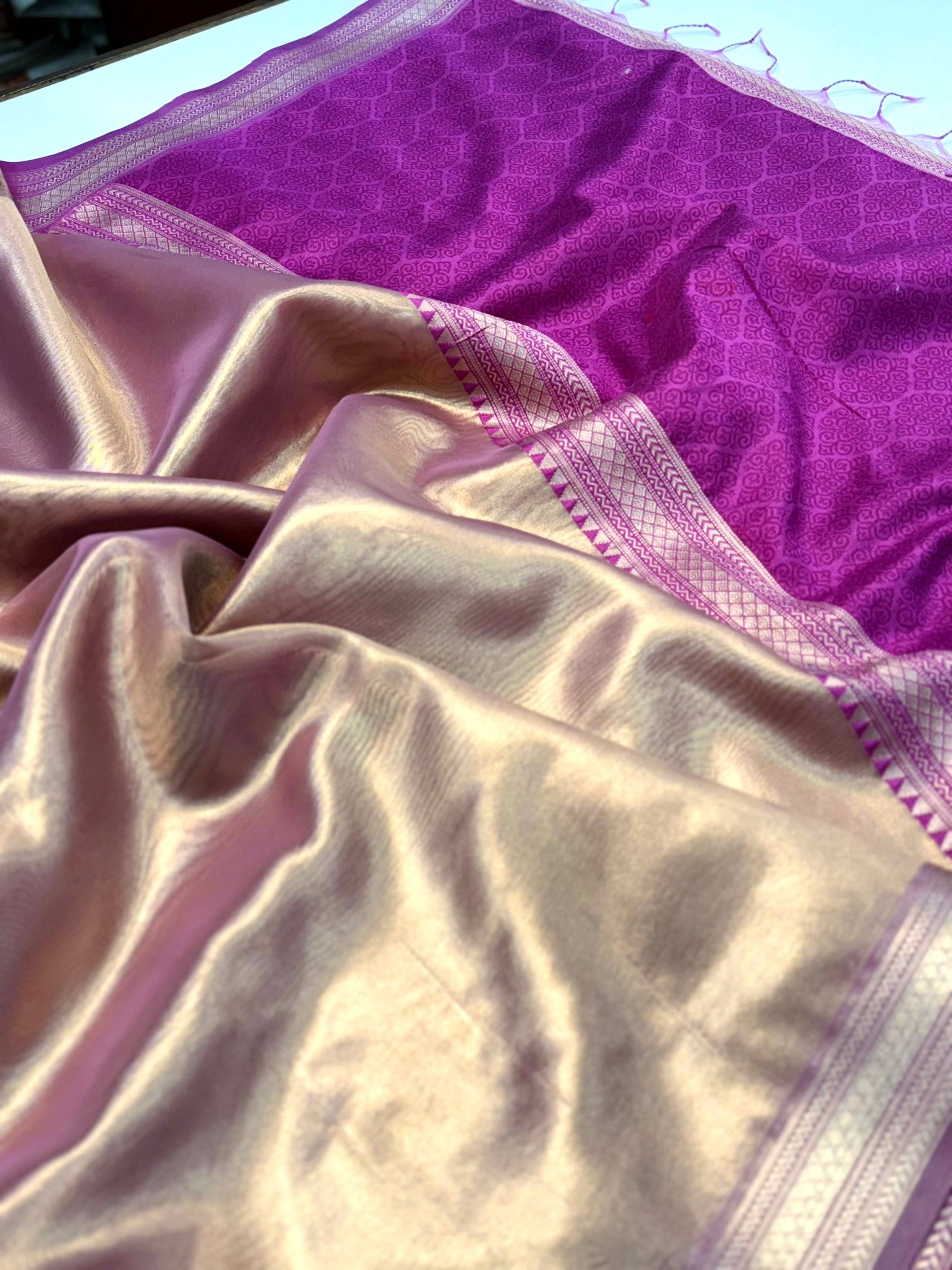 Elegant Wine Gold Zari Tissue Saree