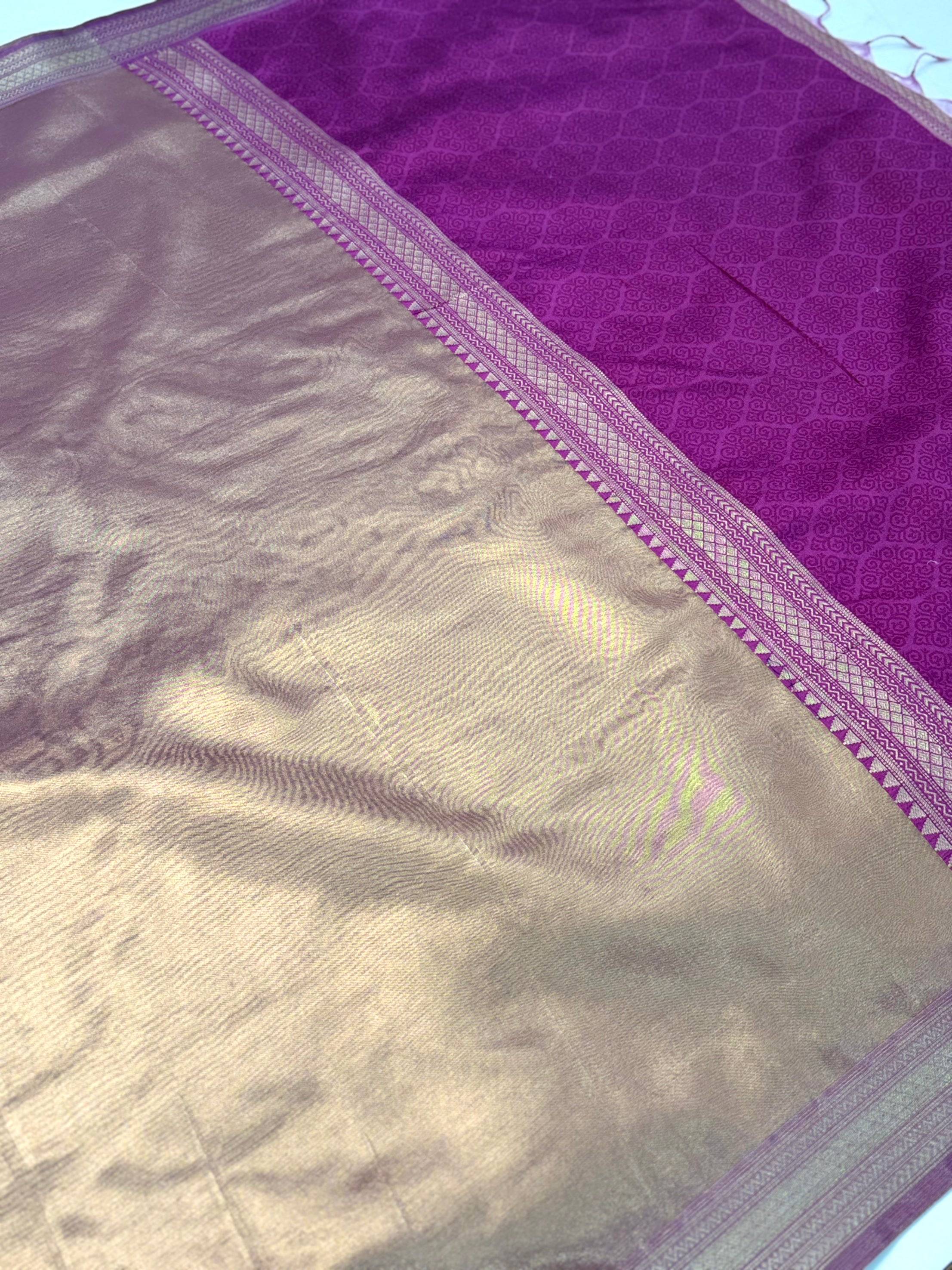 Elegant Wine Gold Zari Tissue Saree