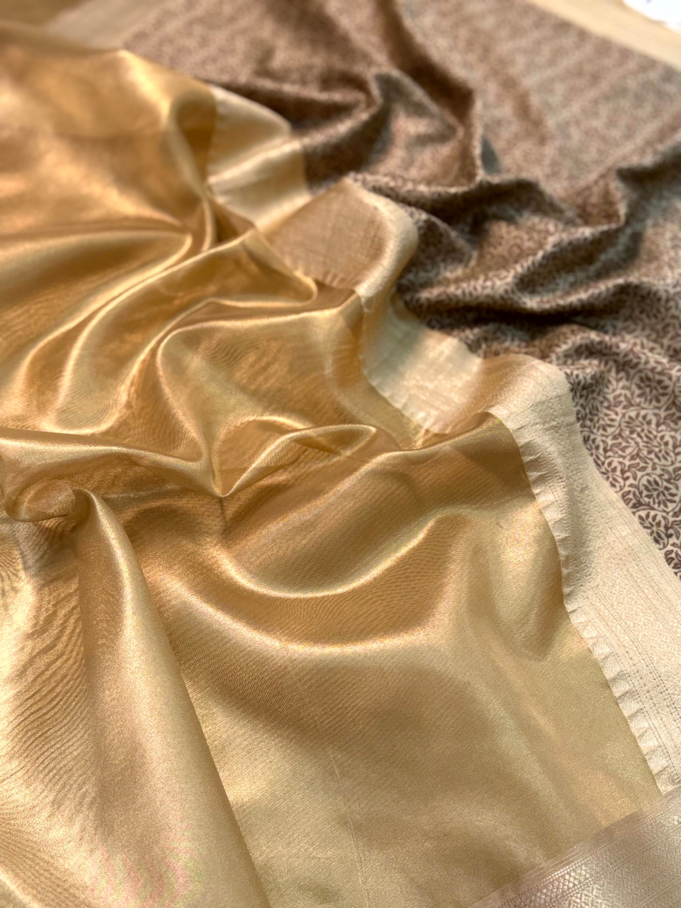 Radiant Brown Gold Zari Tissue Saree