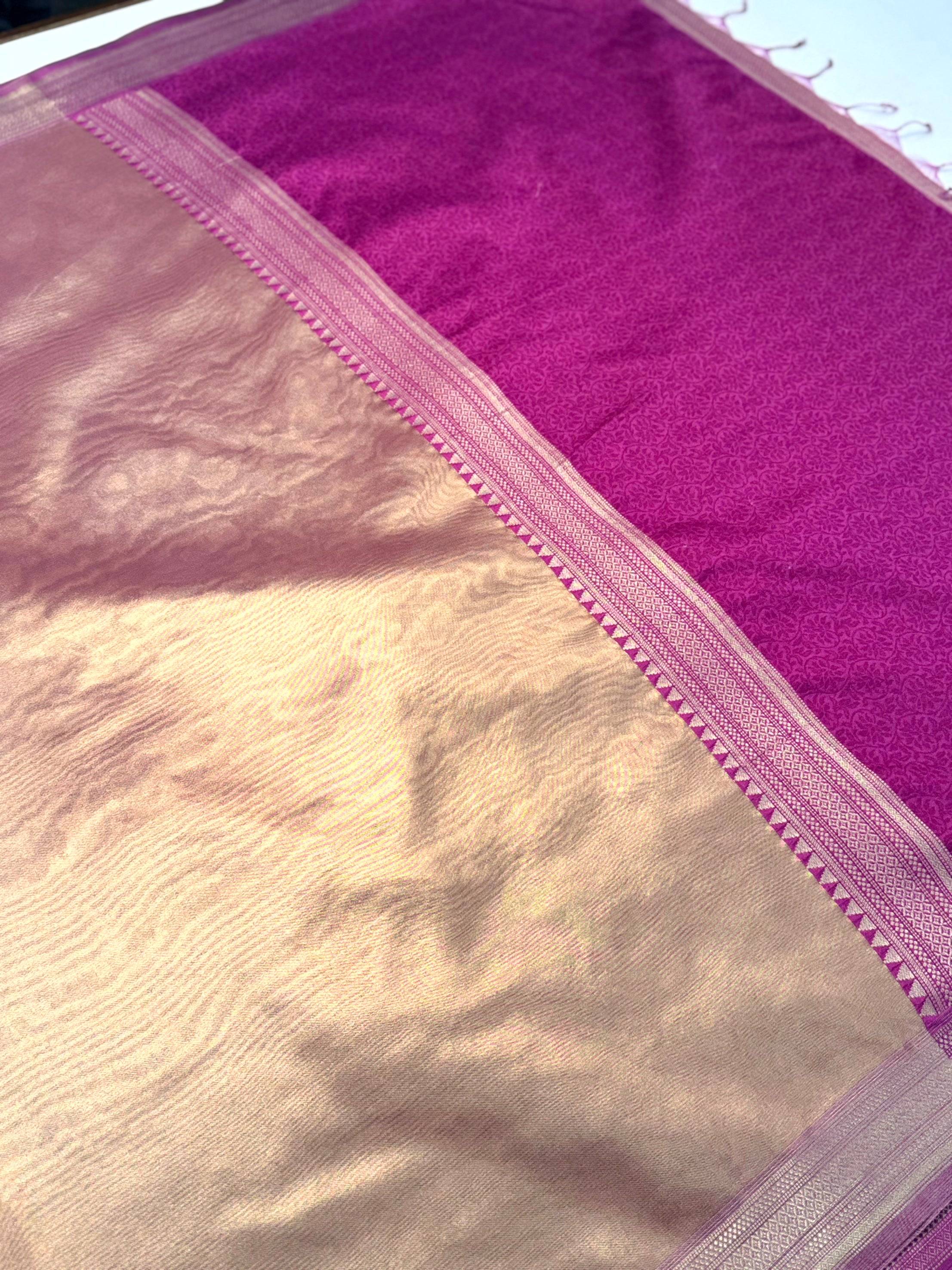 Radiant Wine Gold Zari Tissue Saree