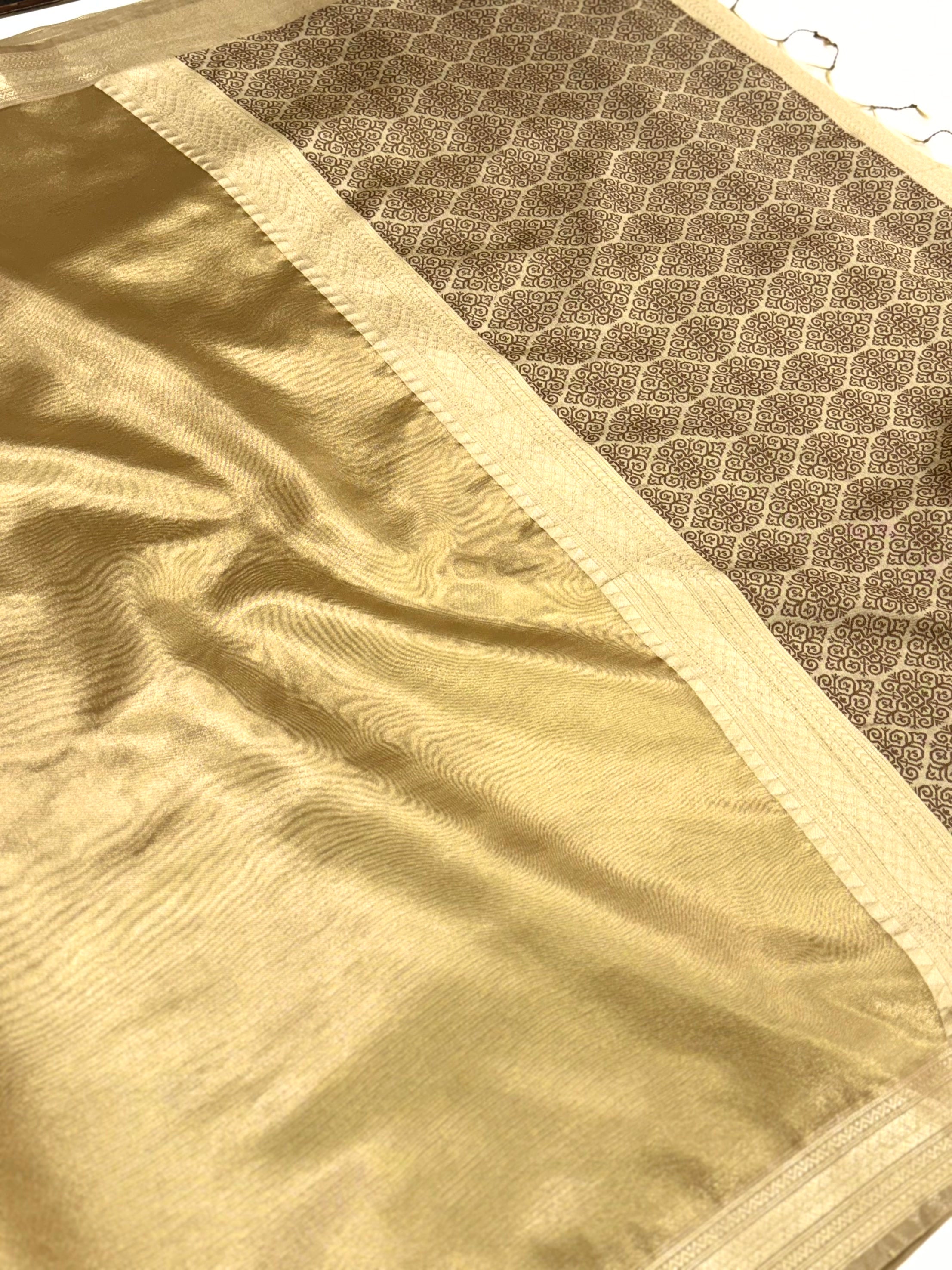 Elegant Brown Gold Zari Tissue Saree