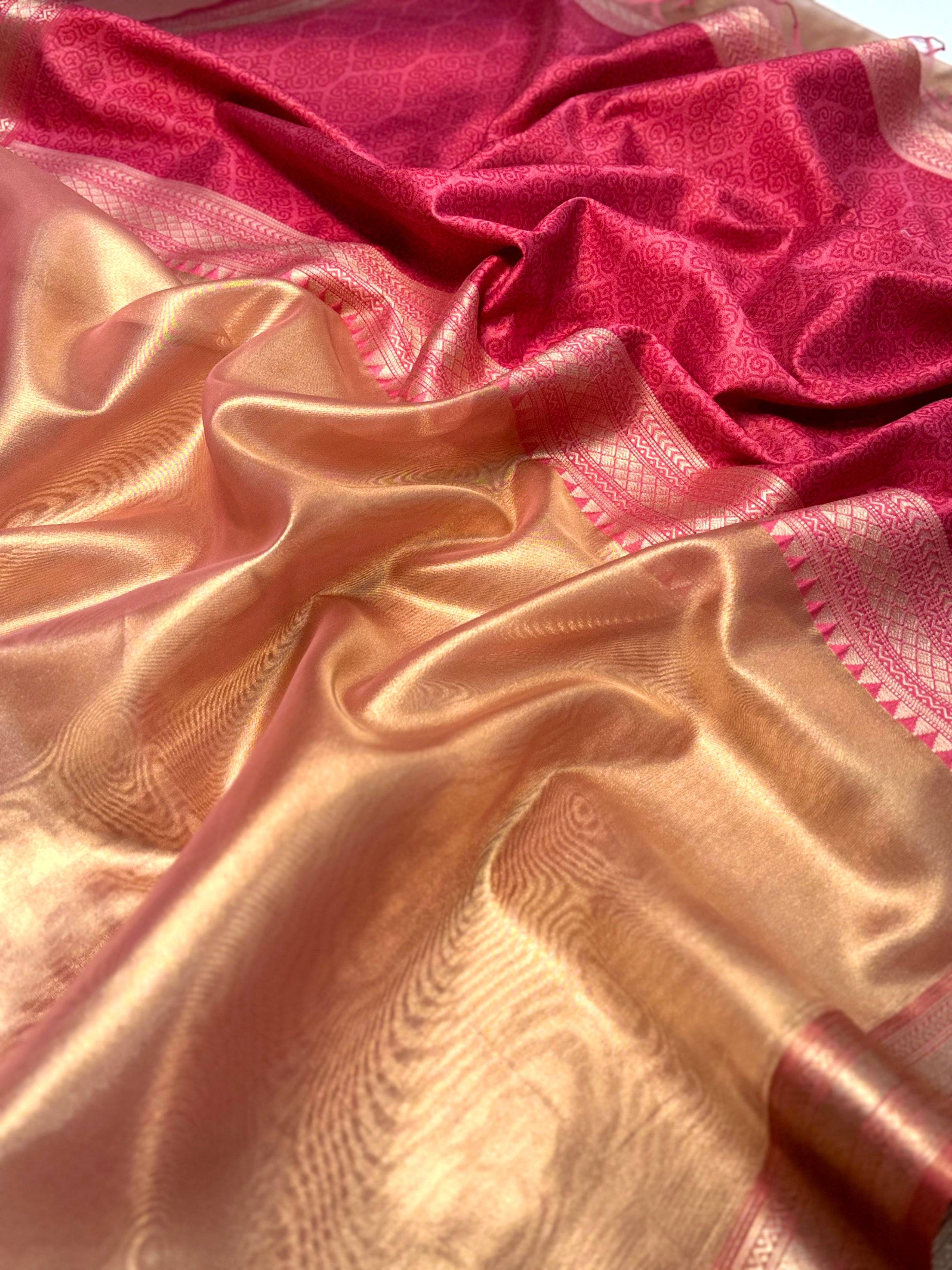 Elegant Pink Gold Zari Tissue Saree
