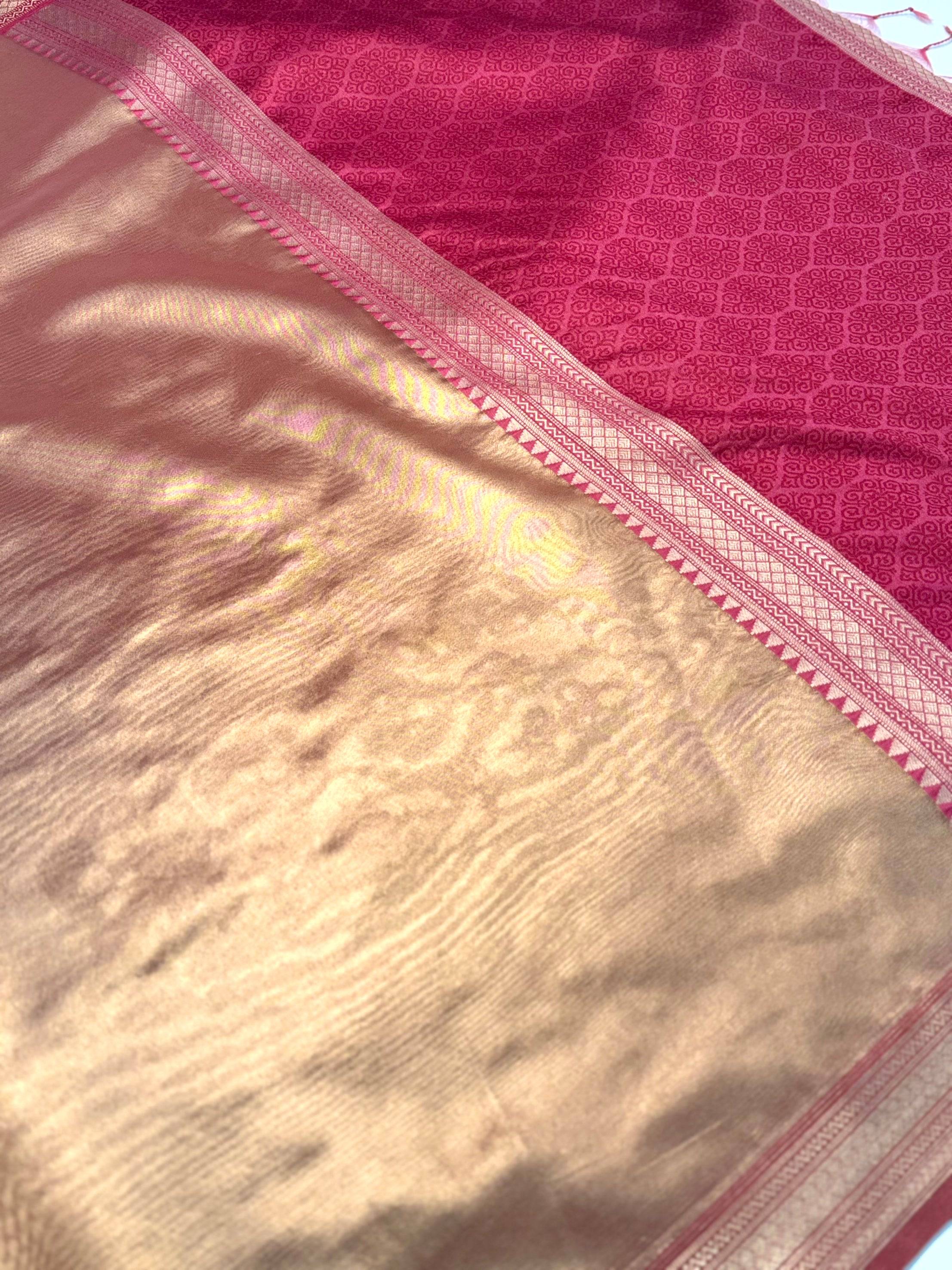 Elegant Pink Gold Zari Tissue Saree