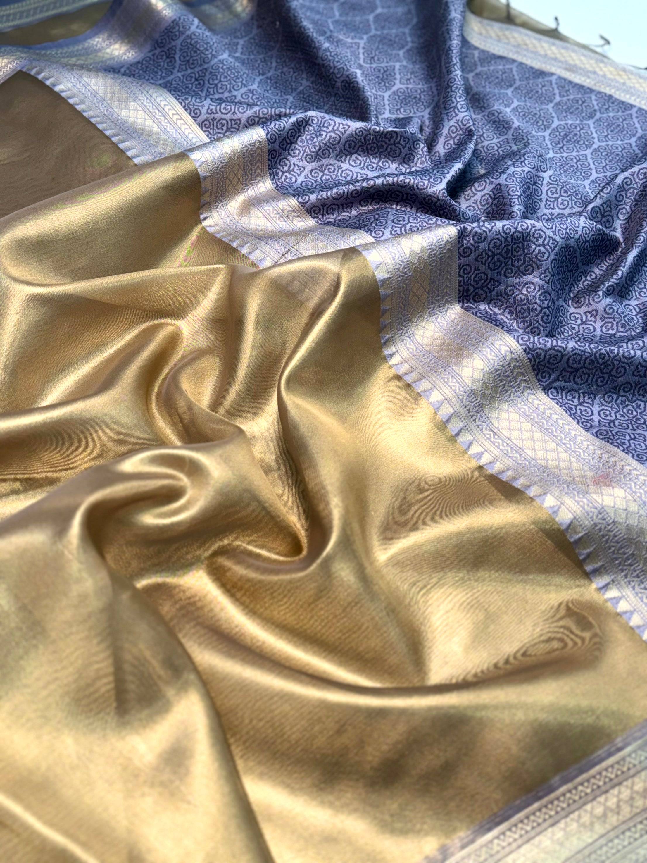 Elegant Lavender Gold Zari Tissue Saree