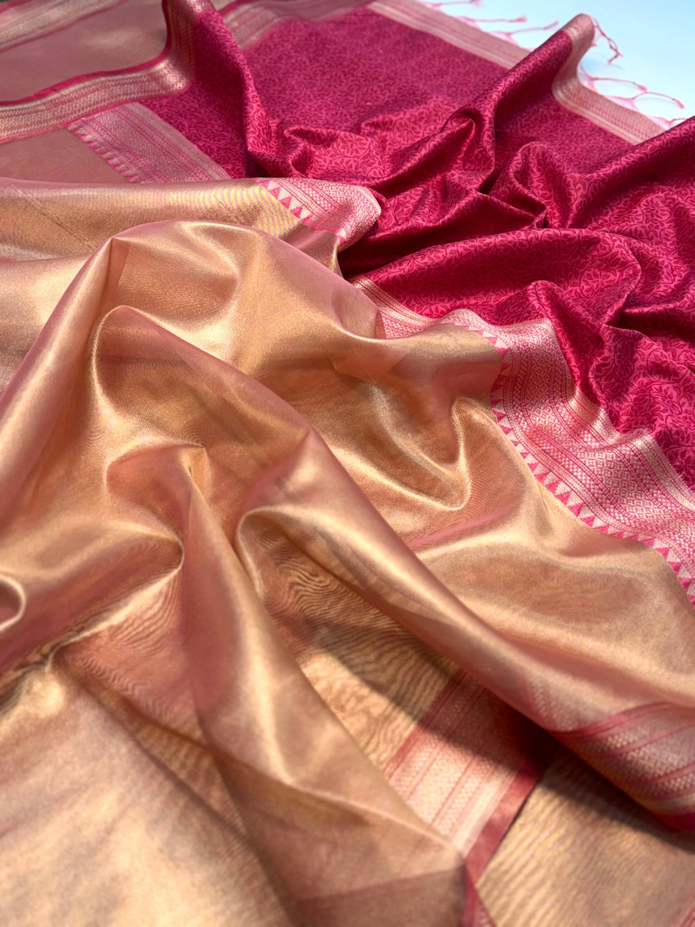 Radiant Pink Gold Zari Tissue Saree