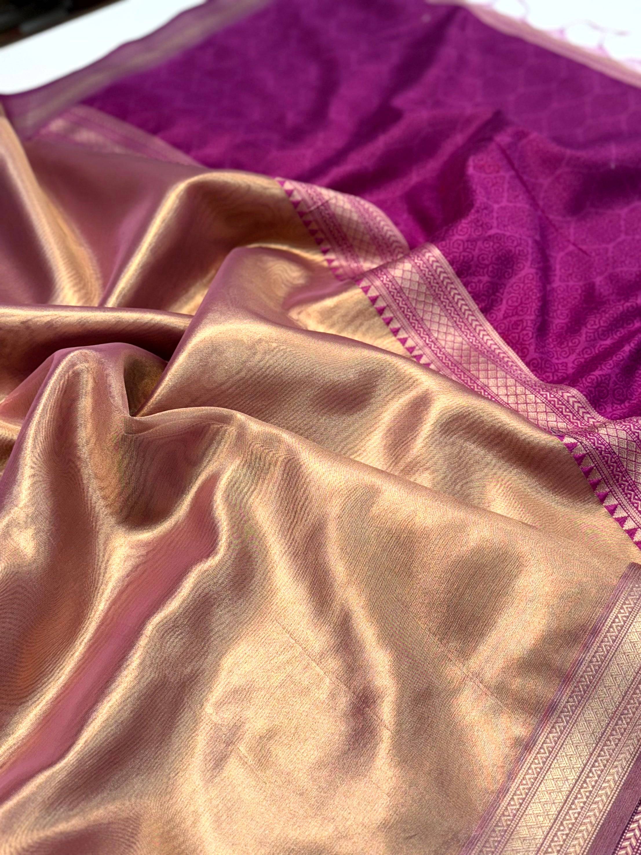 Elegant Wine Gold Zari Tissue Saree