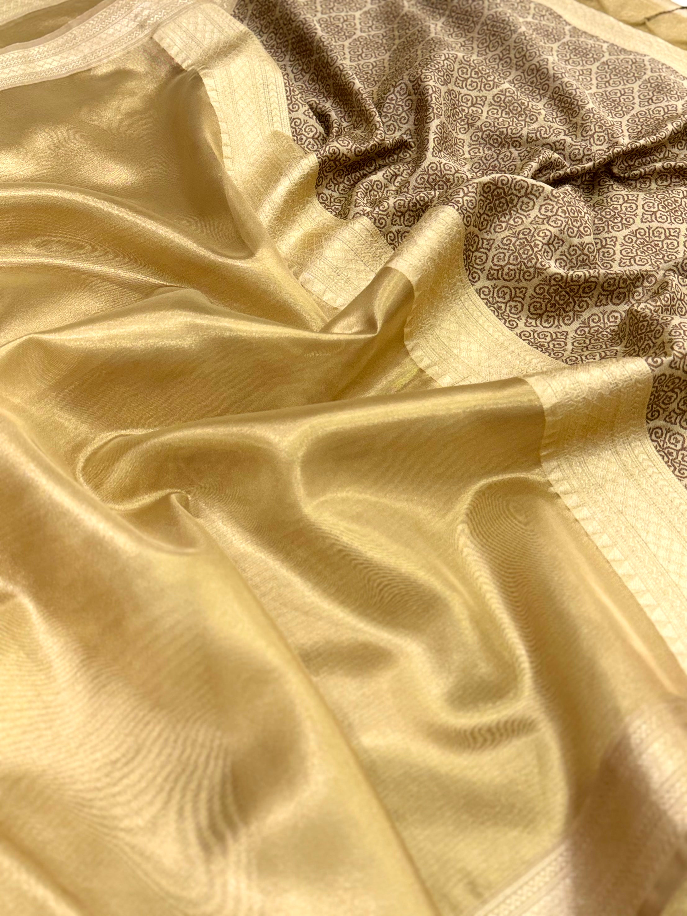Elegant Brown Gold Zari Tissue Saree